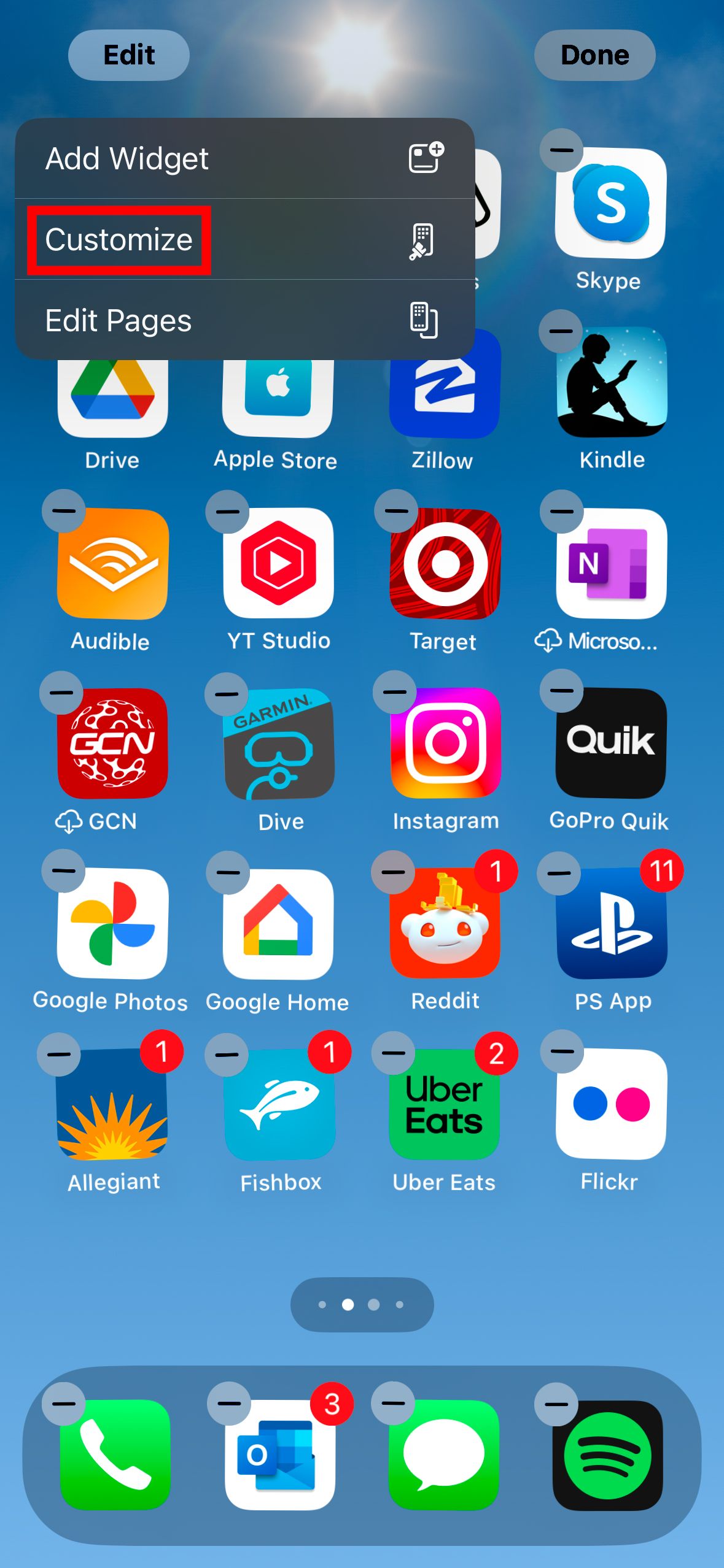A screenshot of an iPhone with the app icon edit menu and a red box around the Customize button. 