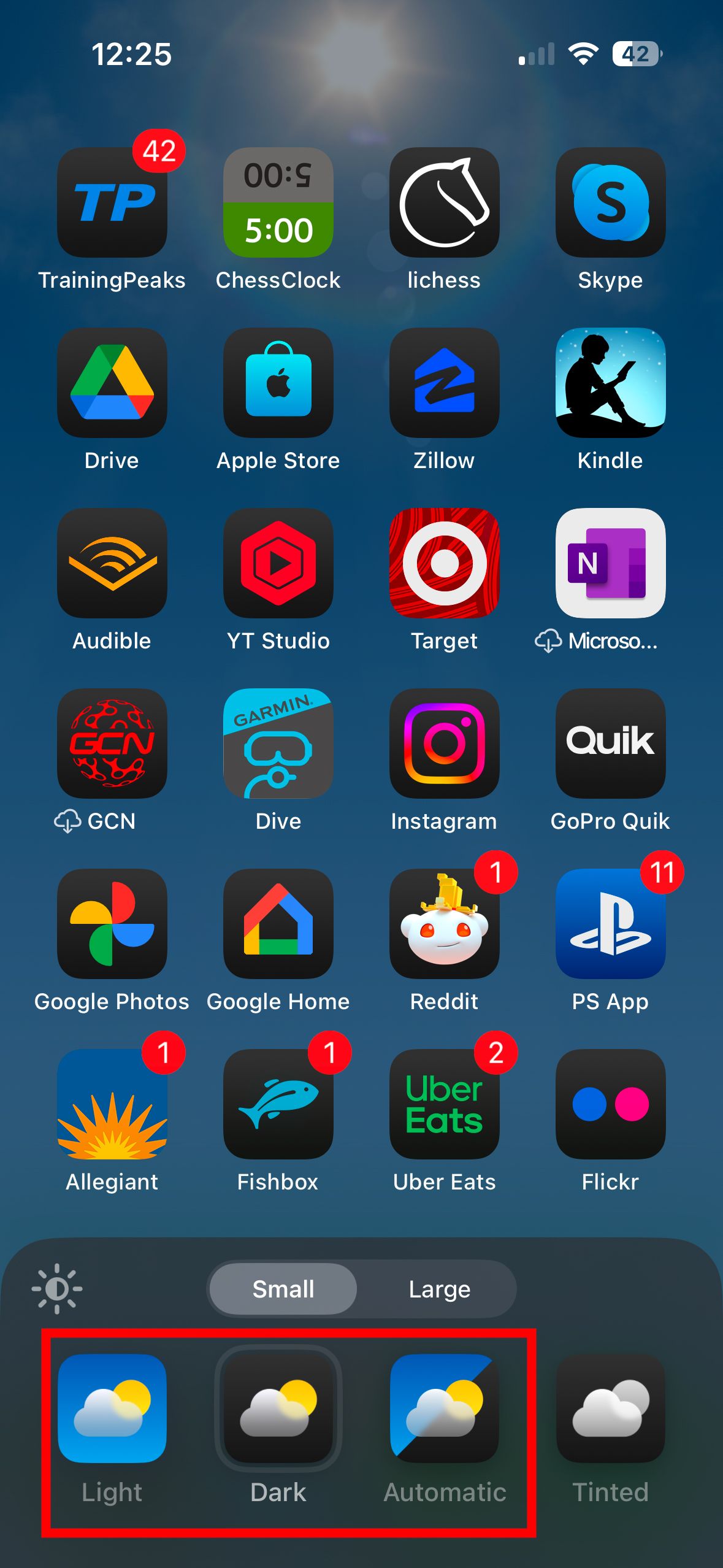 A screenshot of an iPhone home screen with the app icon edit menu and a red box around the Light, Dark, and Automatic options.