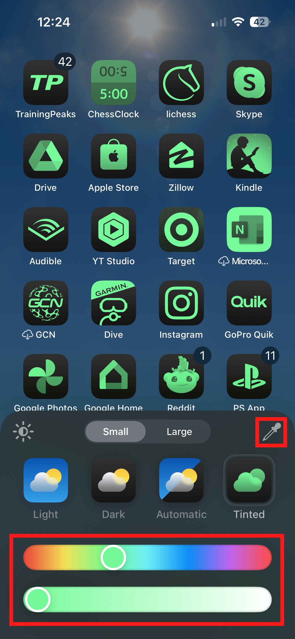 A screenshot of an iPhone home screen with the app icon edit menu and a red boxes around the tint controls.