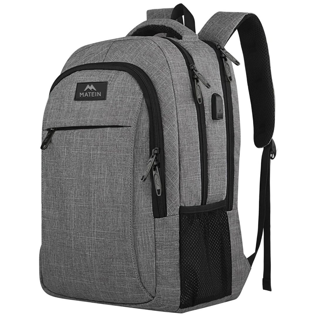 A grey backpack on a white background