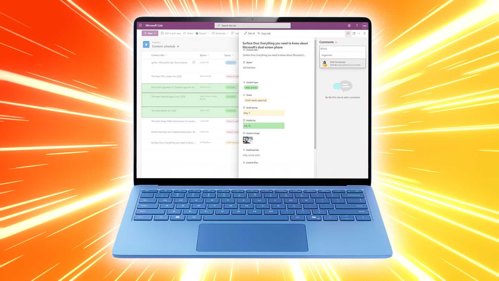 A laptop with the Microsoft Lists application open against a yellow background