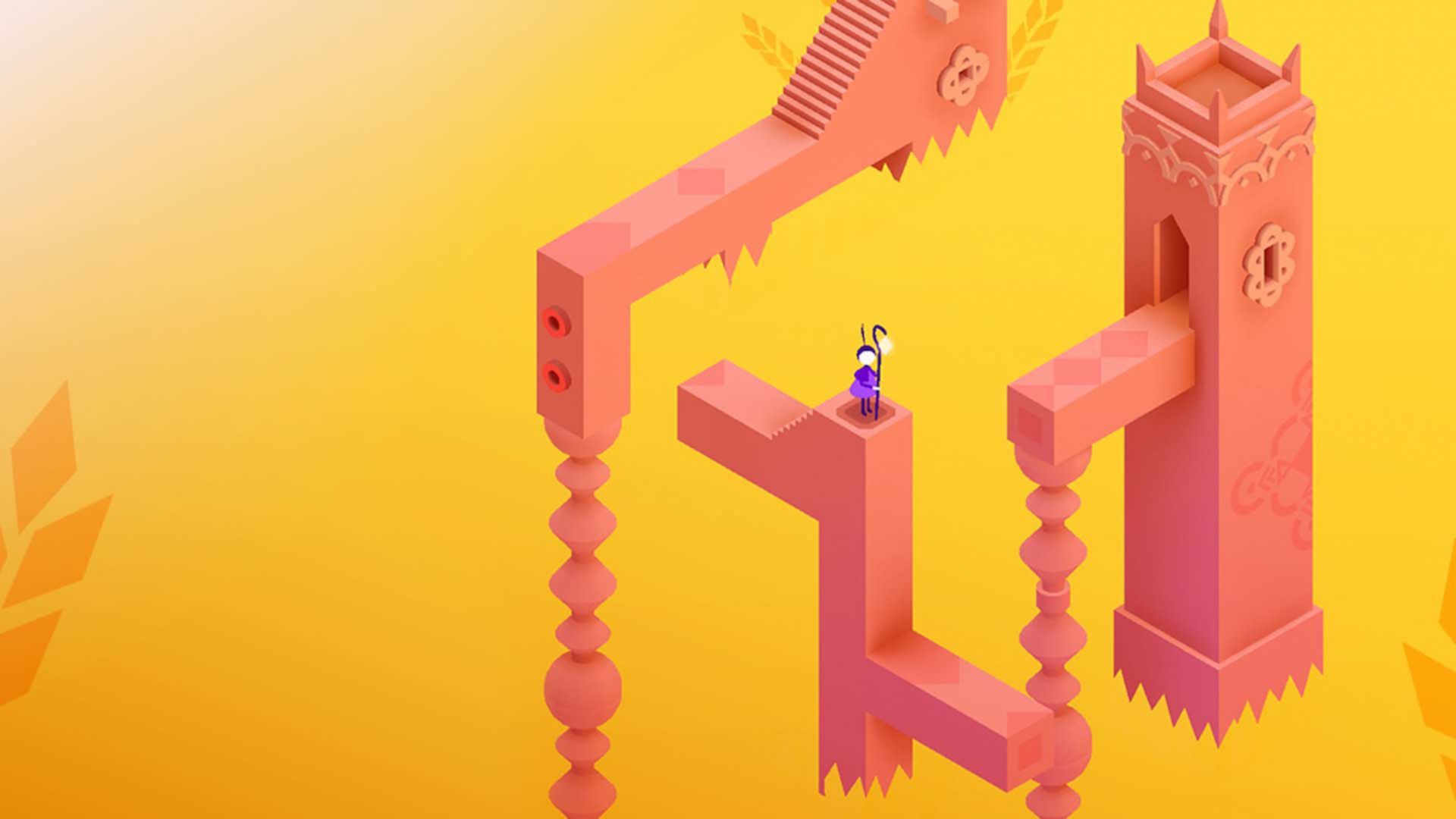 monument valley character standing on isometric buildings