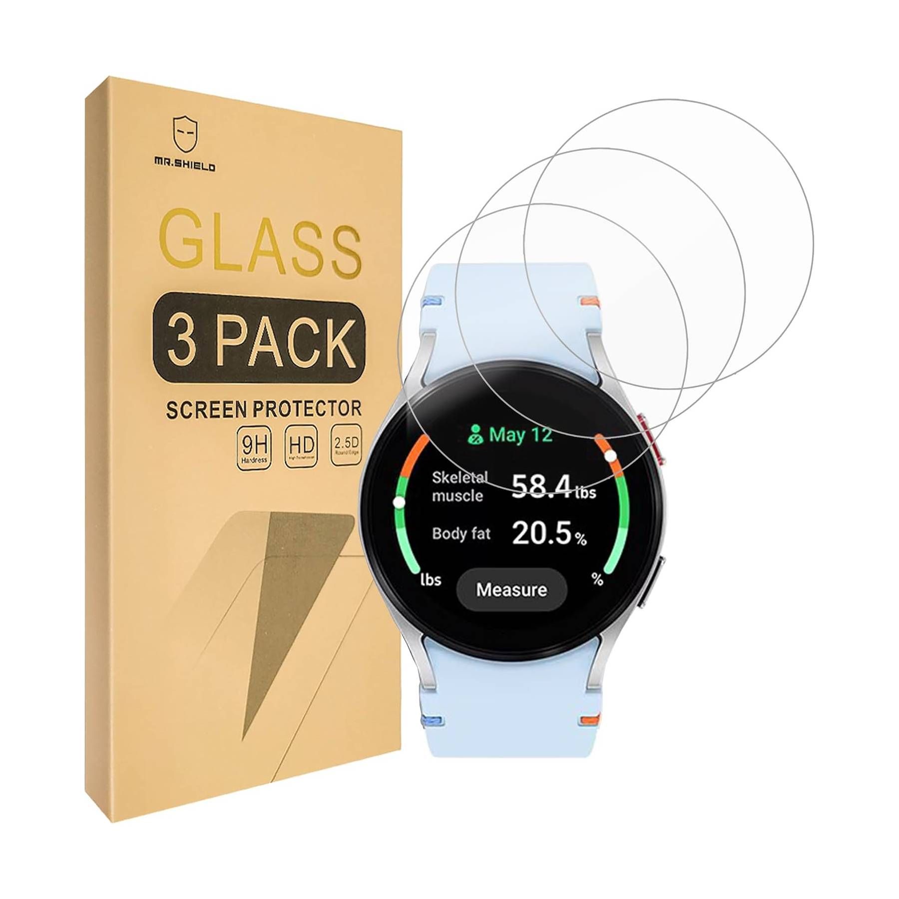 Render of Mr. Shield tempered glass screen protector for Samsung Galaxy Watch FE on a white background