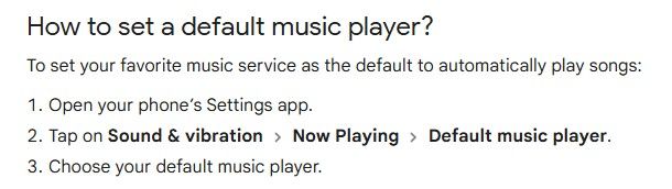 A screenshot of Google's support page highlighting default music player functionality for Now Playing.