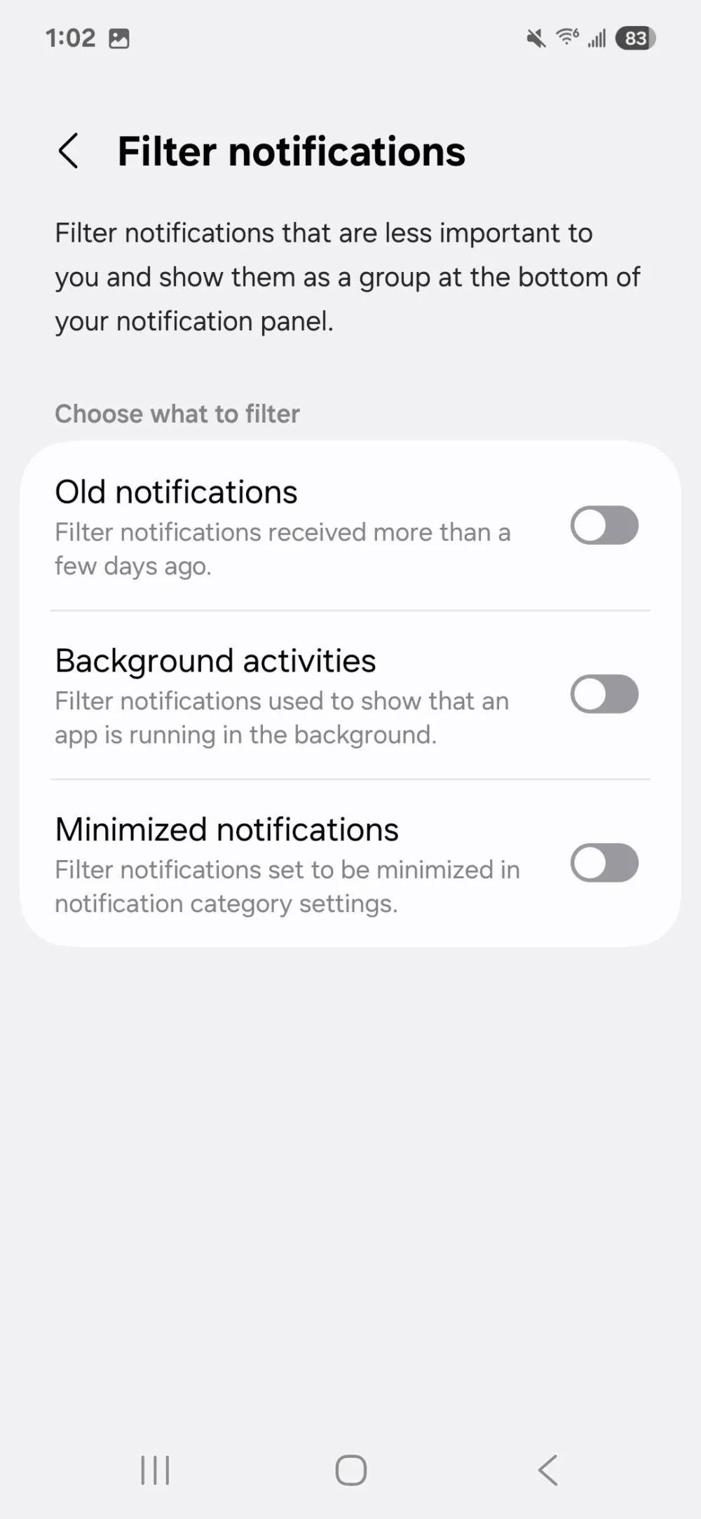 A screenshot of the Filter notifications setting screen.