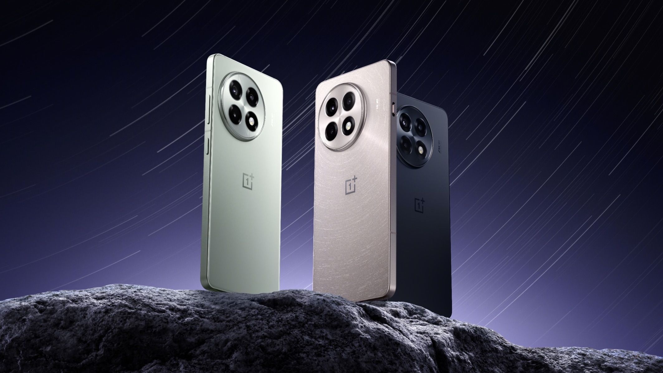 Renders of the OnePlus 13R in green, gold and black placed on a rock