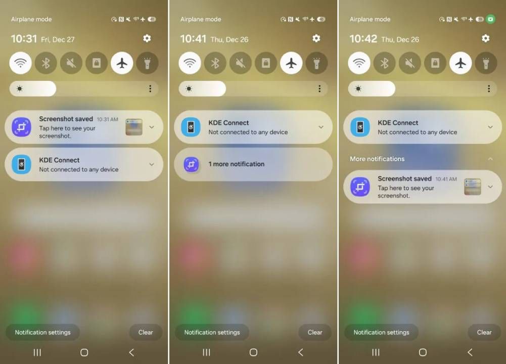 Screenshots of One UI 7's notification filtering in action.