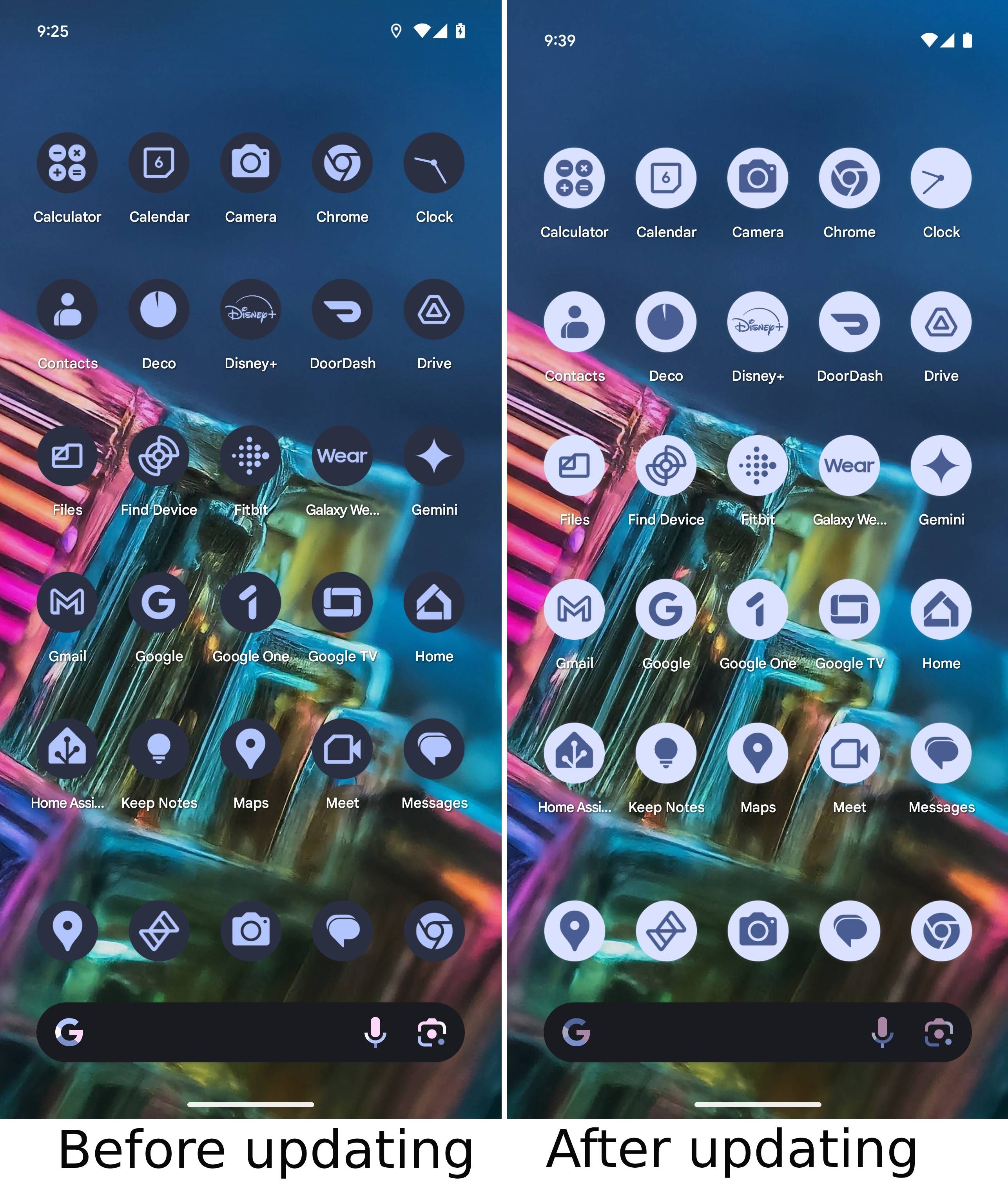 Before and after screenshots of app icon theming.