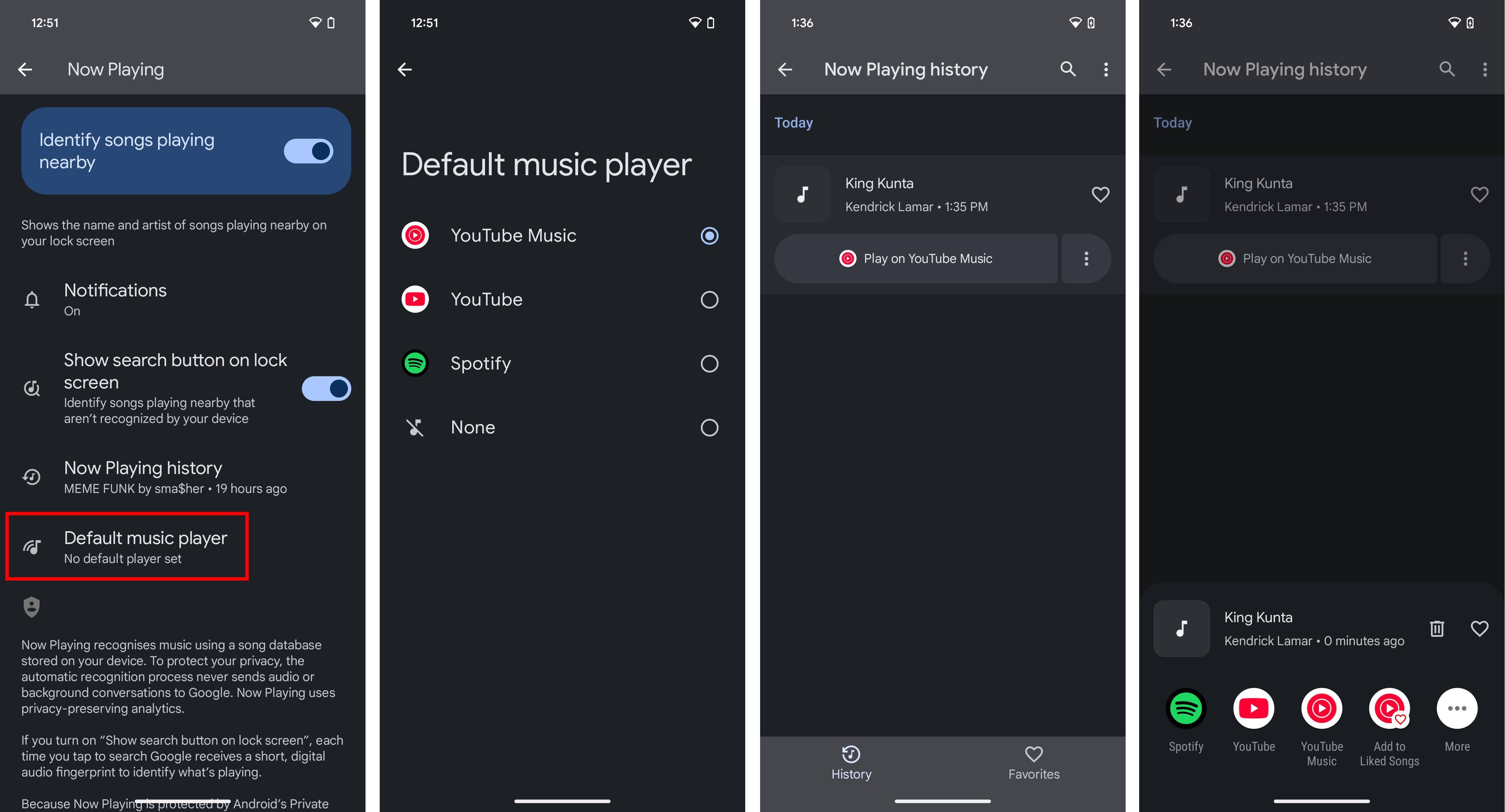 Screenshots of Pixel's new default music player selector for Now Playing.