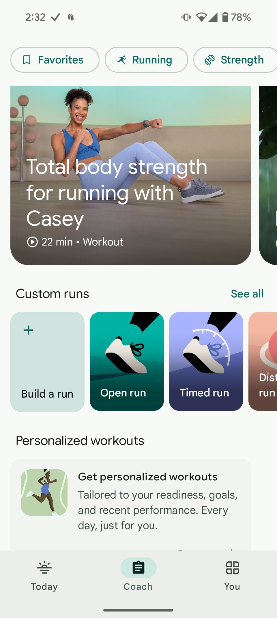 Total body strength workout with custom run options in Fitbit app