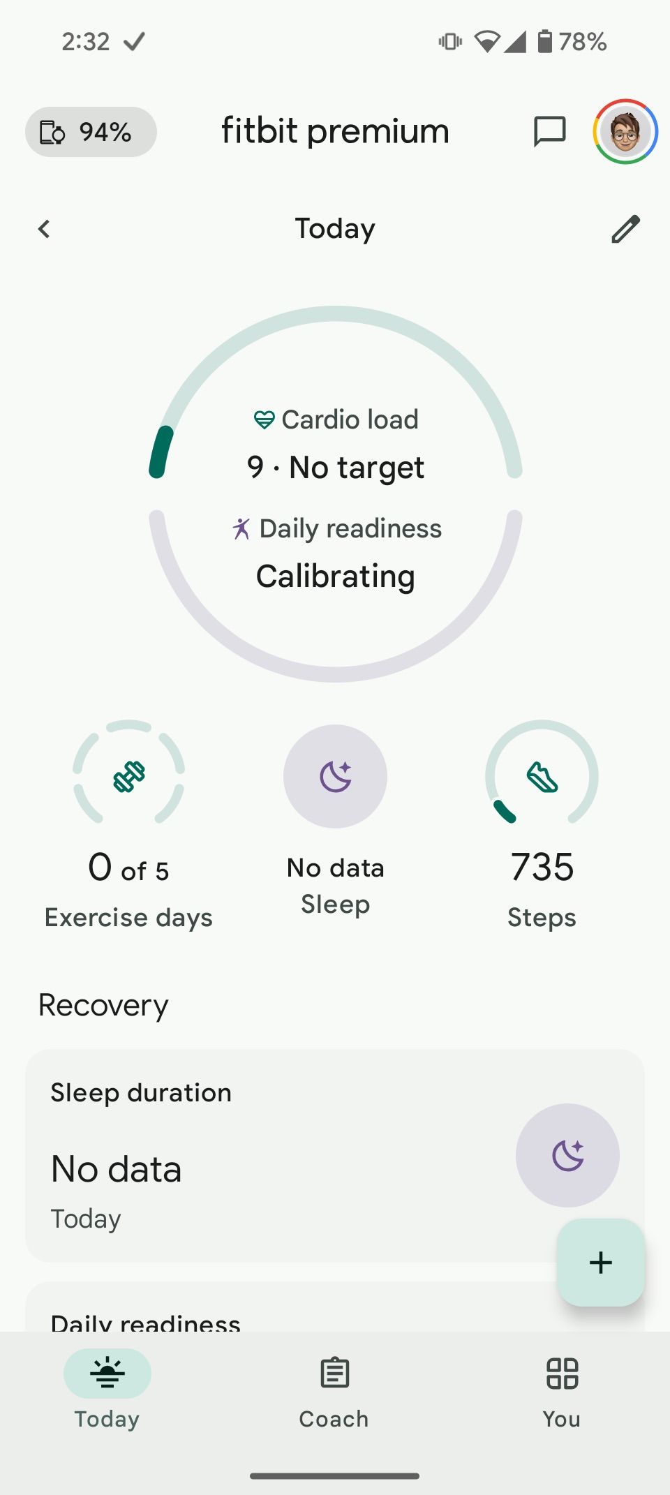 Fitbit Premium dashboard showing cardio load, sleep data etc
