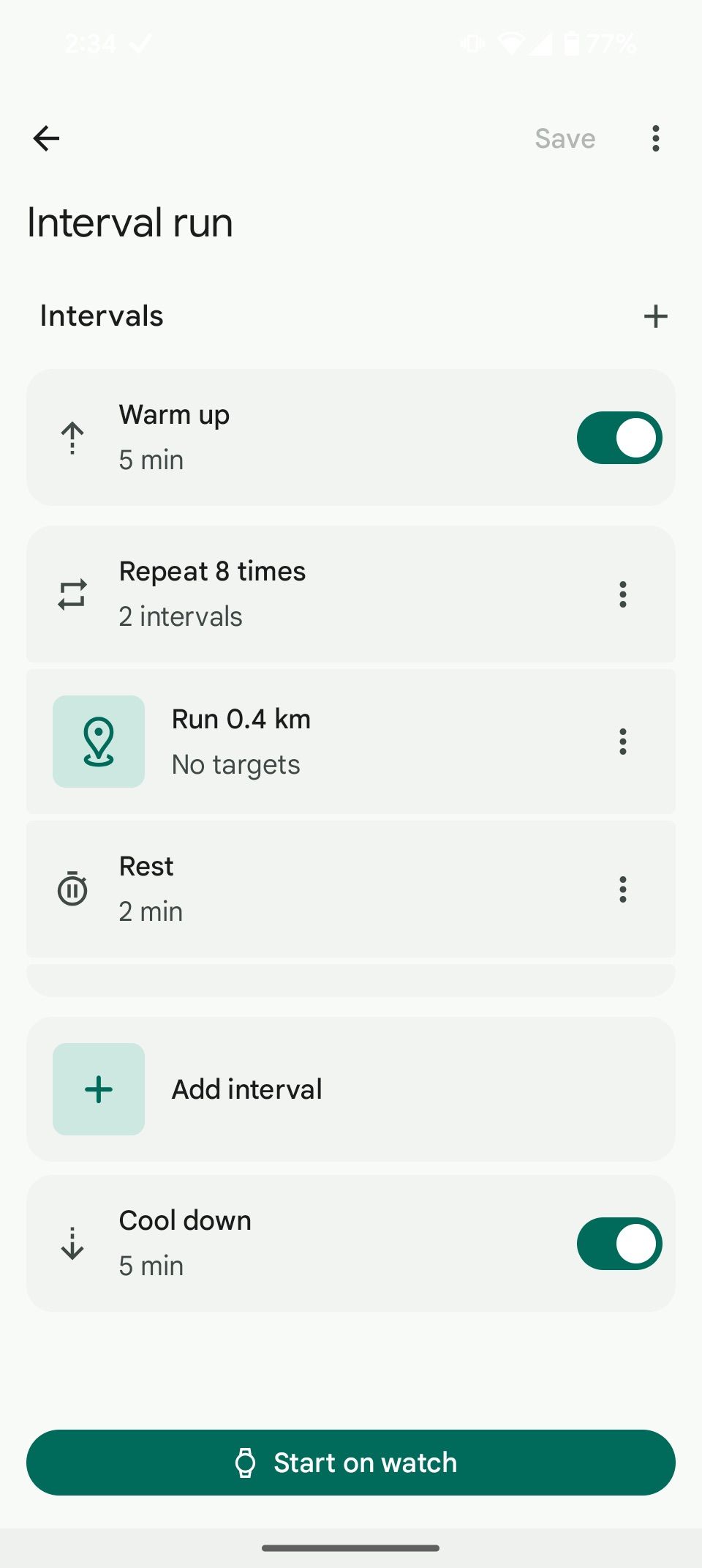 Interval run workout on Pixel Watch 3