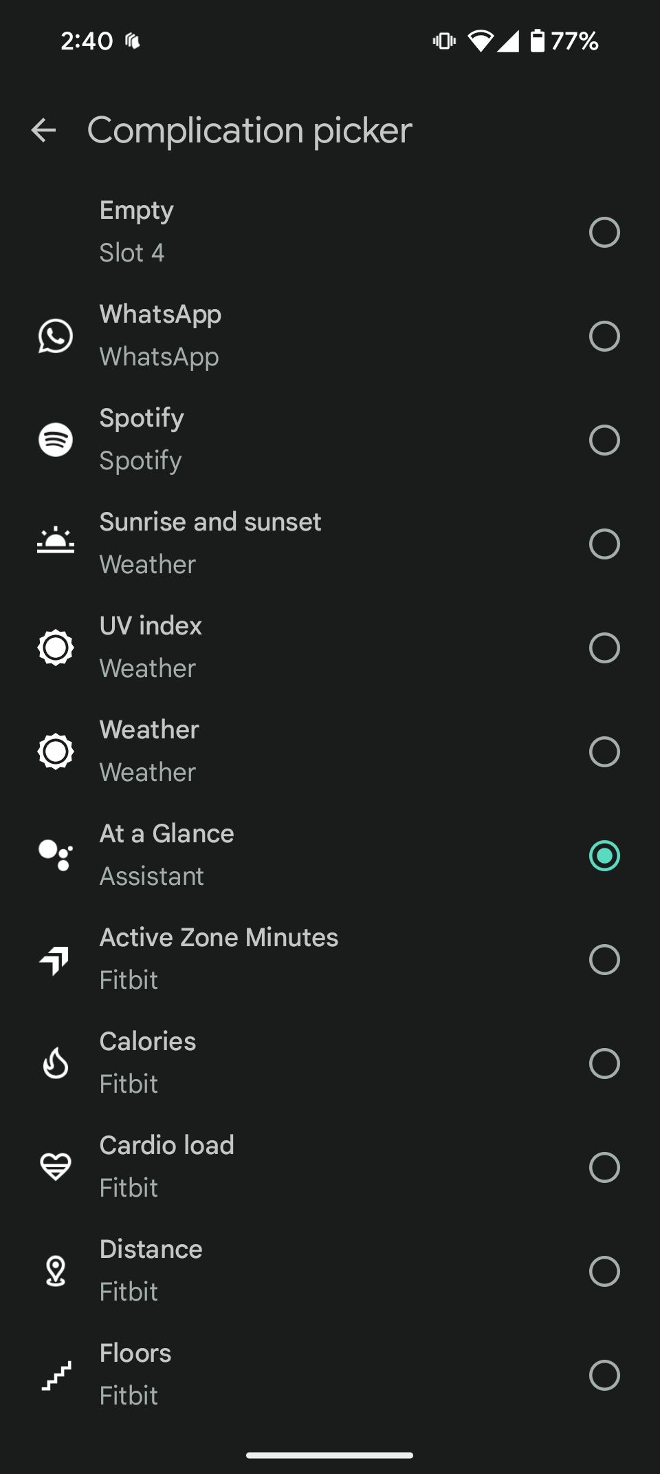 Complication picker screen with various app and Fitbit widgets options