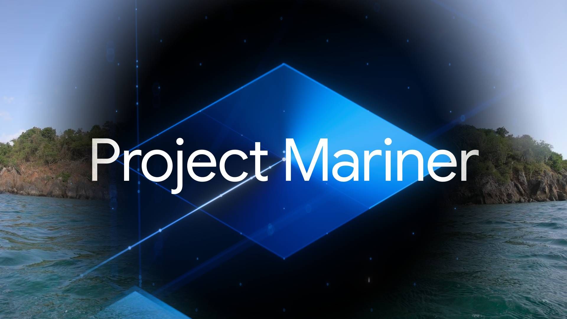 Project Mariner logo text overlaid and blended with a picture of an island