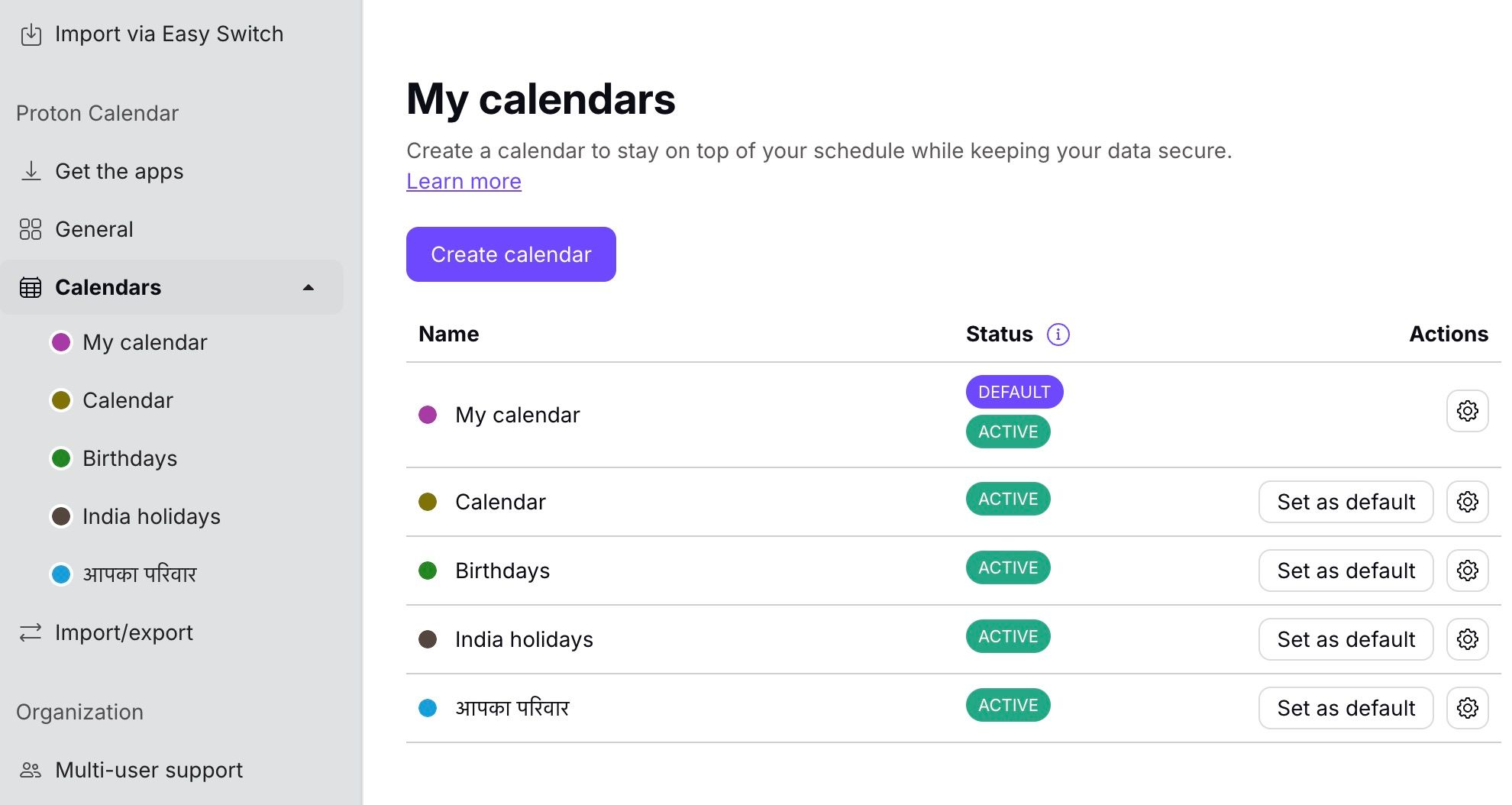 User interface of Proton Calendar