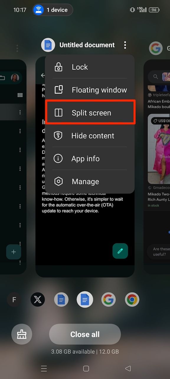 Enabling split screen for Google Docs from recent apps screen on Android