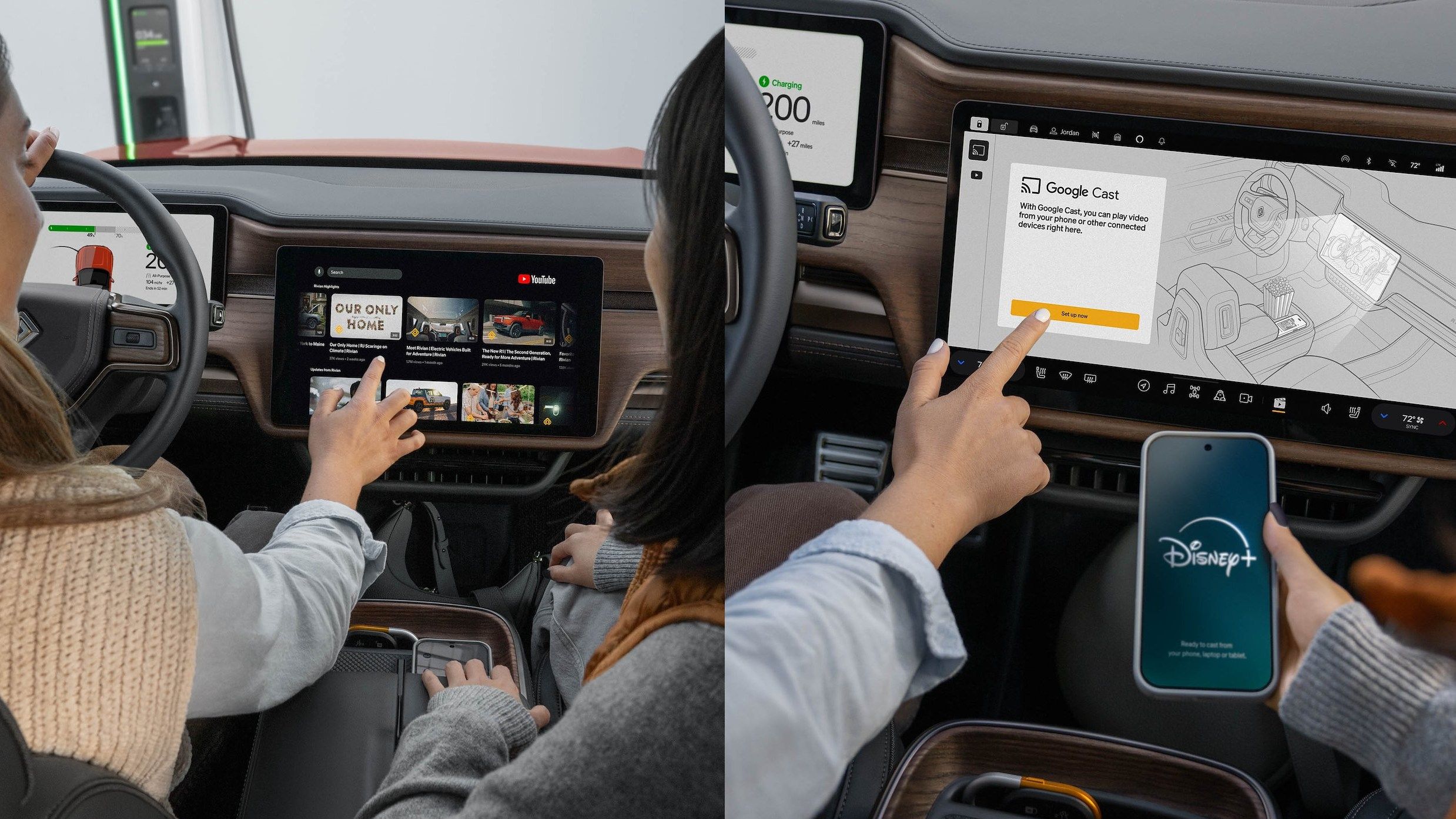 Pictures of the Google Cast and YouTube for TV interfaces on Rivian touchscreens