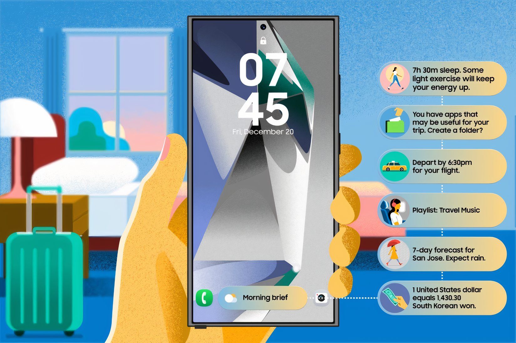 A cartoon hand holds a Galaxy S24 Ultra and several pop ups run along the side with different functions.