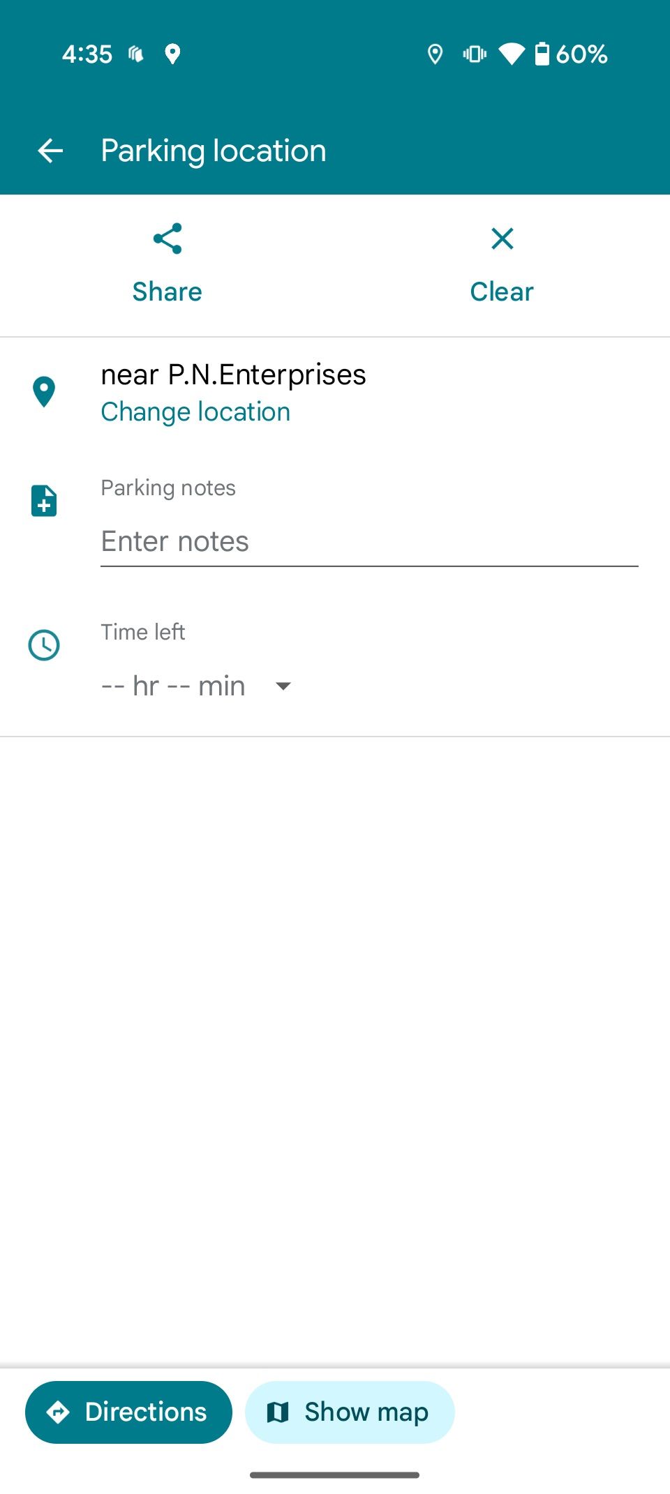 Google Maps Save Parking screen with note and timer options