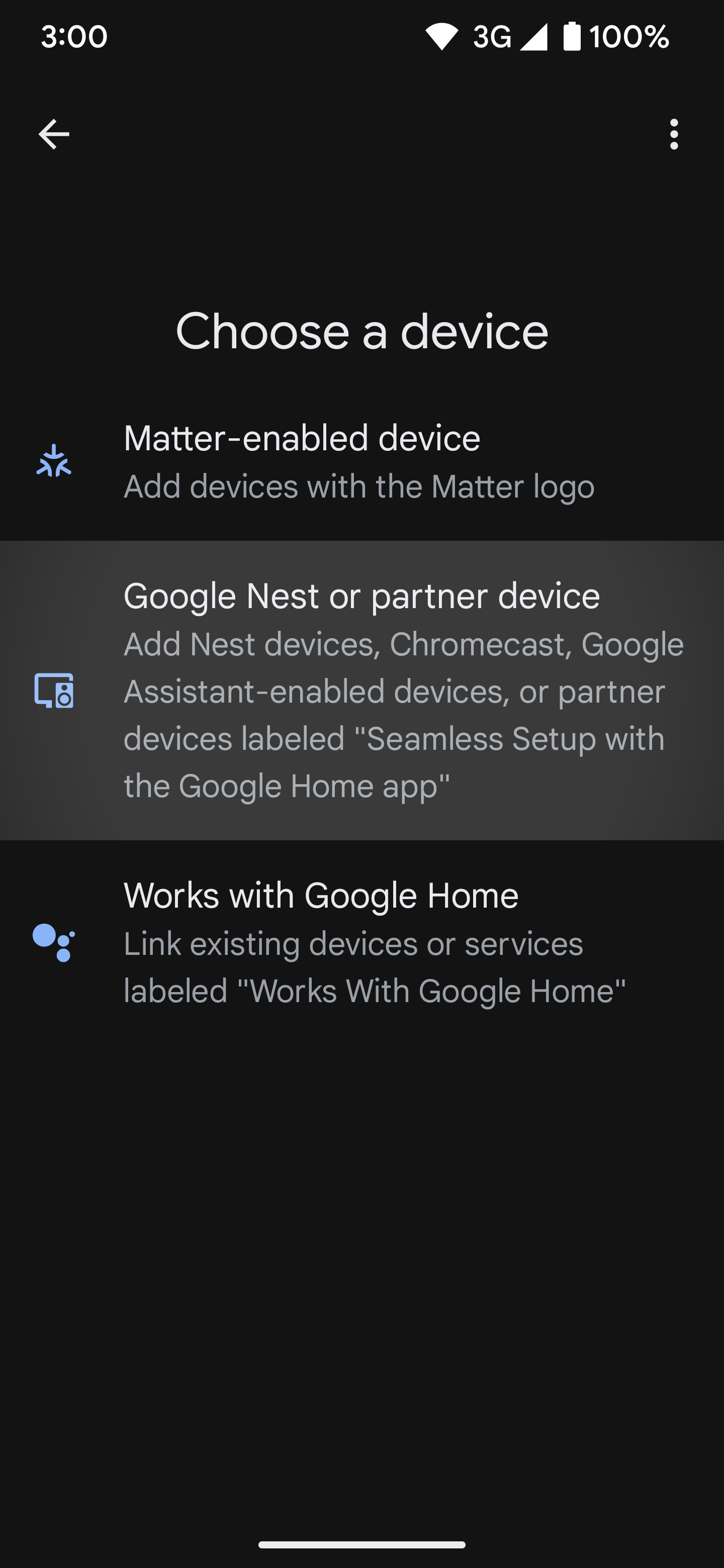 Highlighting the "Google Nest or partner device" section when setting up a smart home device in the Google Home app.