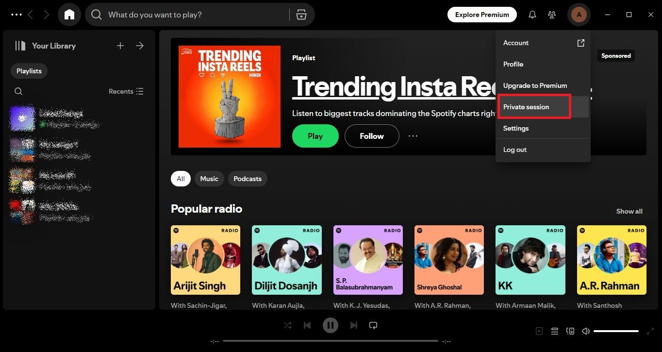 Ảnh chụp màn hình làm nổi bật Phiên riêng tư trên ứng dụng Spotify dành cho máy tính để bàn