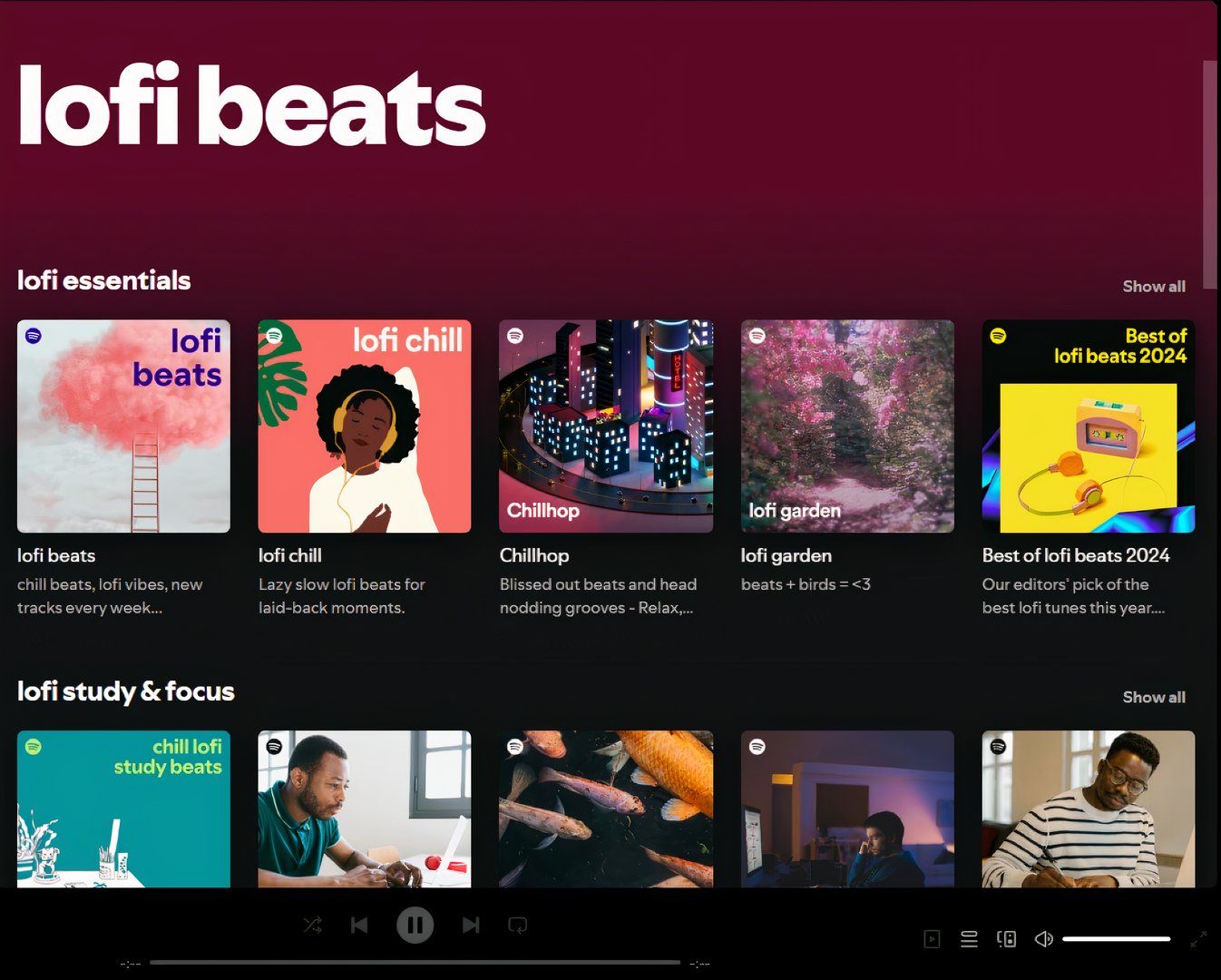 Ảnh chụp màn hình trang lofi beat của Spotify.