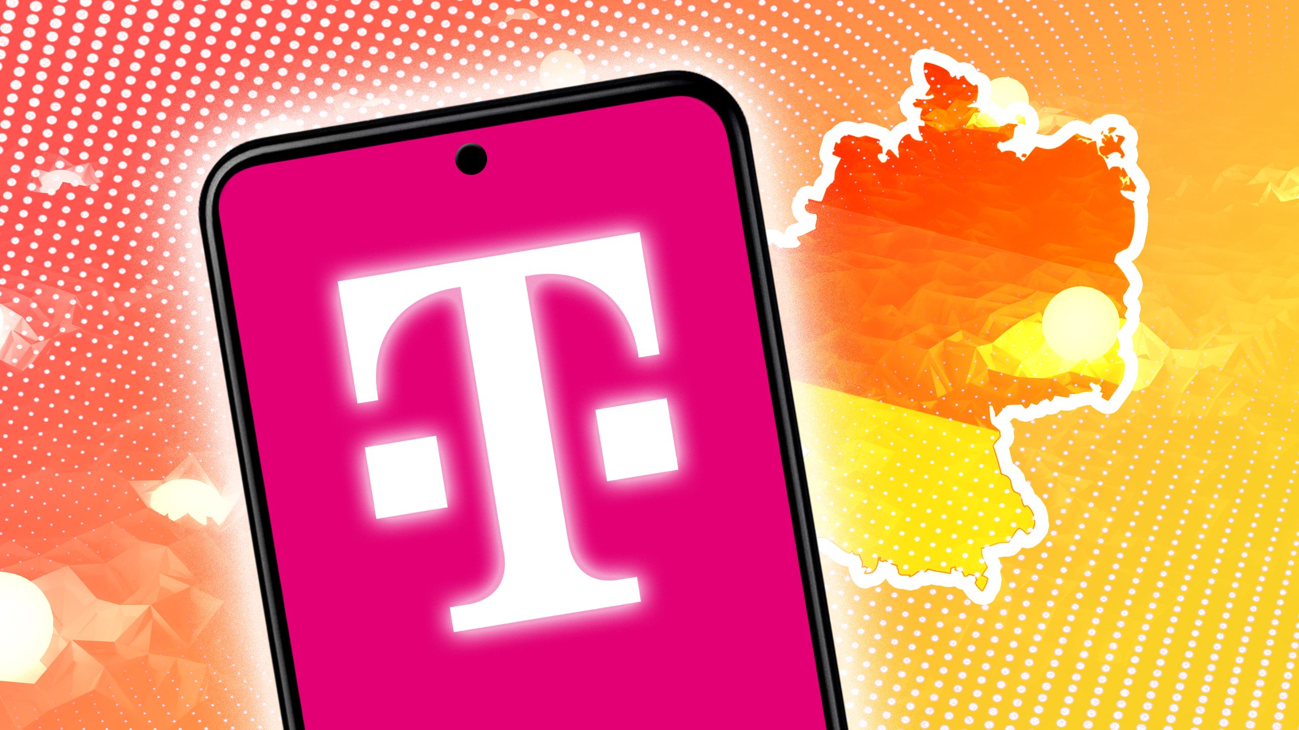 Điện thoại thông minh trên nền màu vàng hiển thị logo T-Mobile trên màn hình 