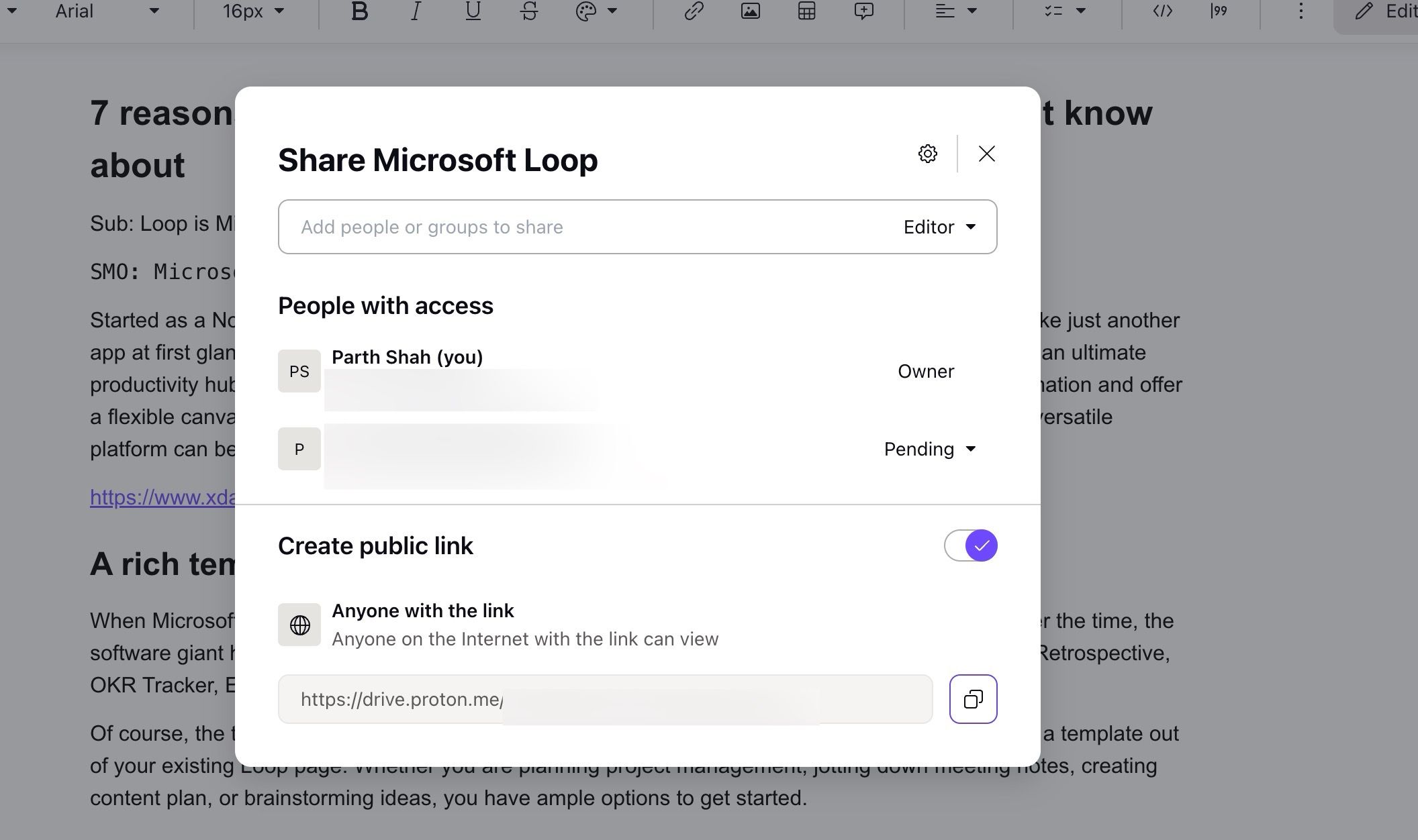 Sharing options in Proton Docs