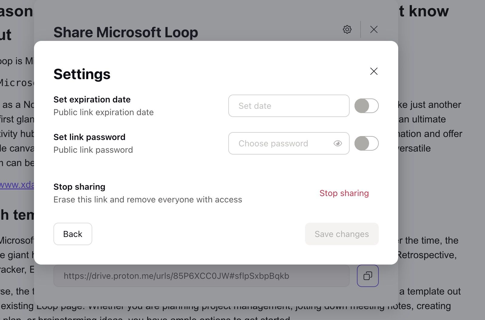 Secure sharing links in Proton Docs