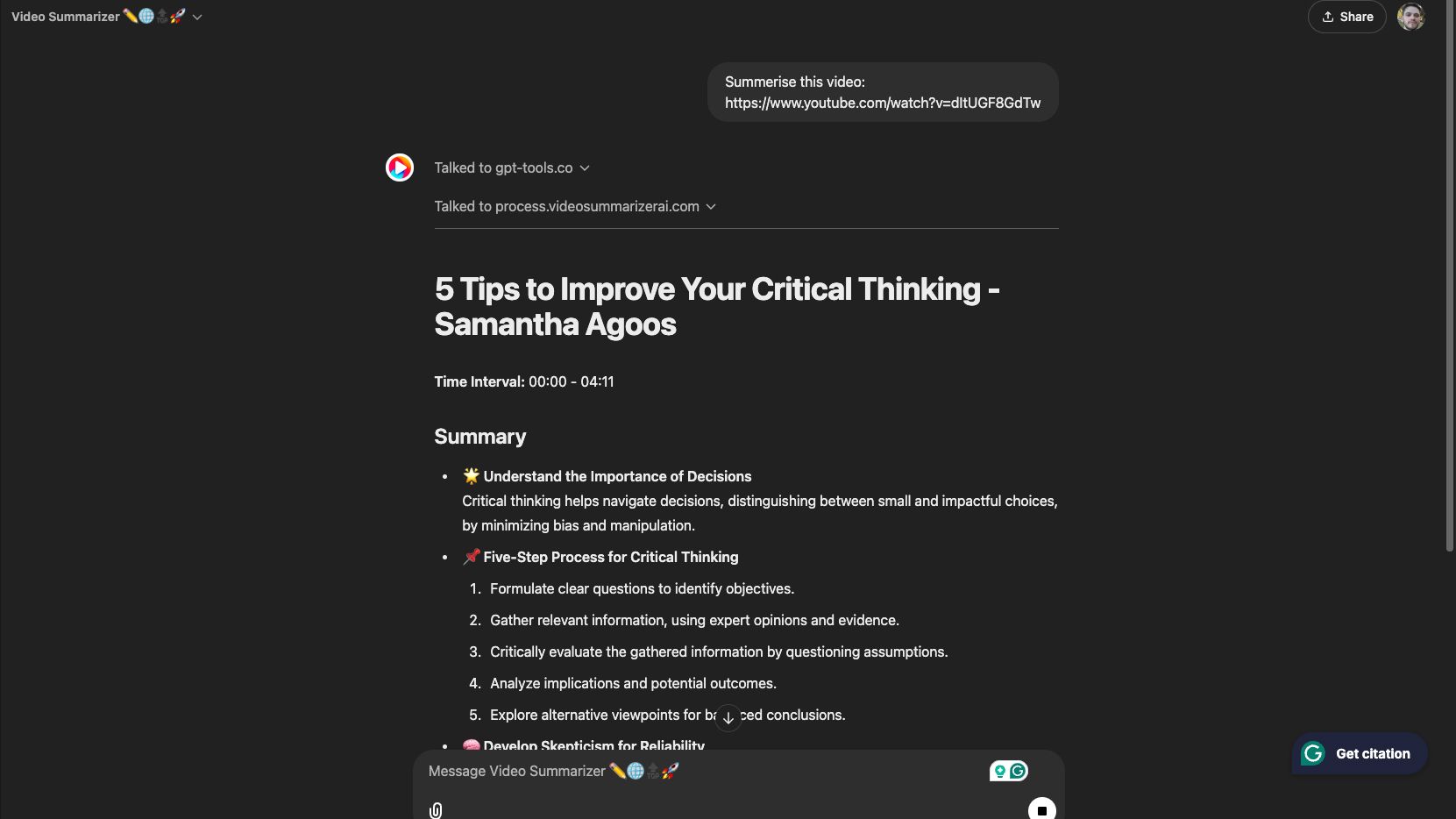 A summary of the video "5 Tips to Improve Your Critical Thinking - Samantha Agoos," including time interval and highlights