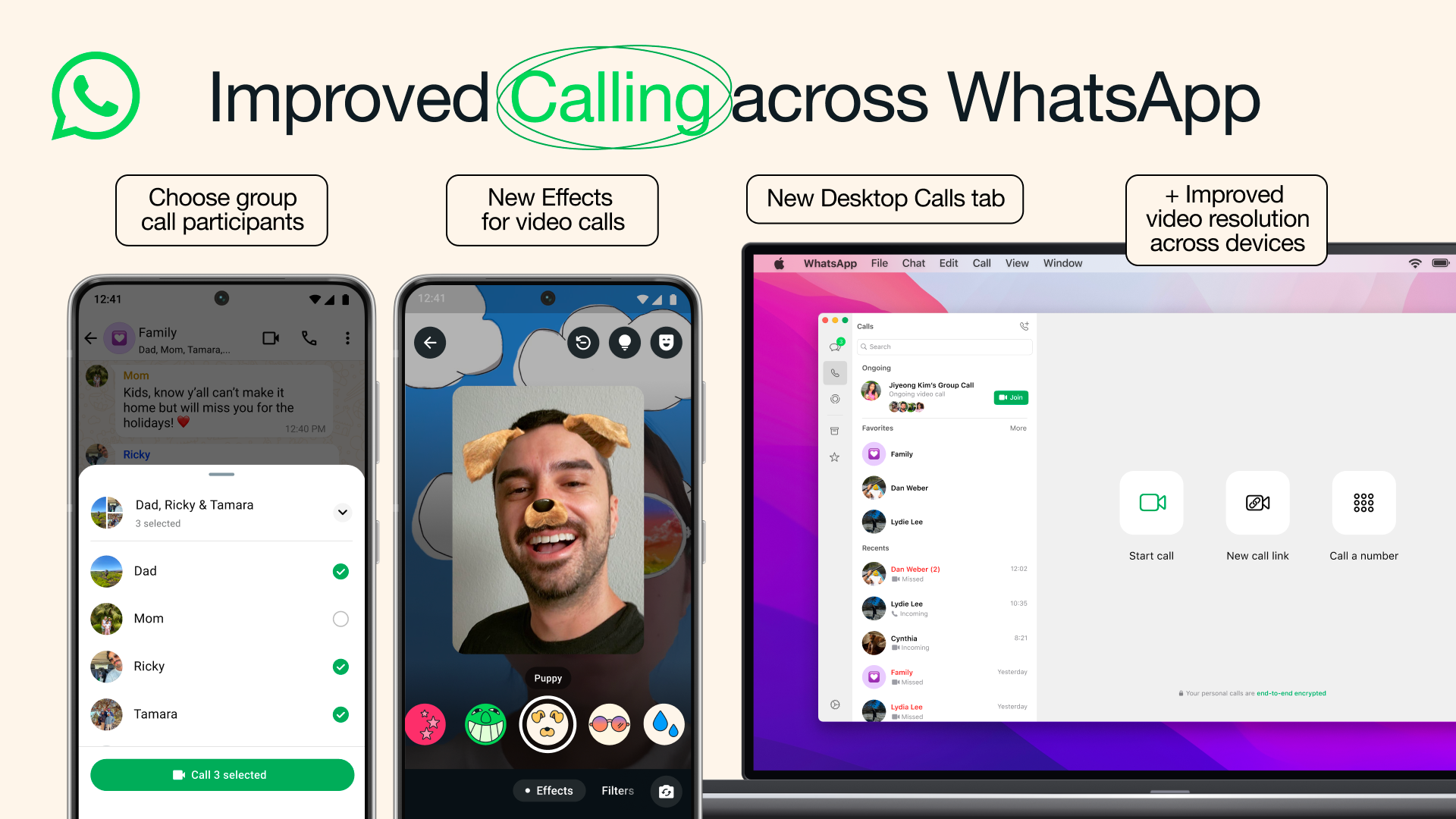 A graphic highlighting some of WhatsApp's new feature that improve calling.