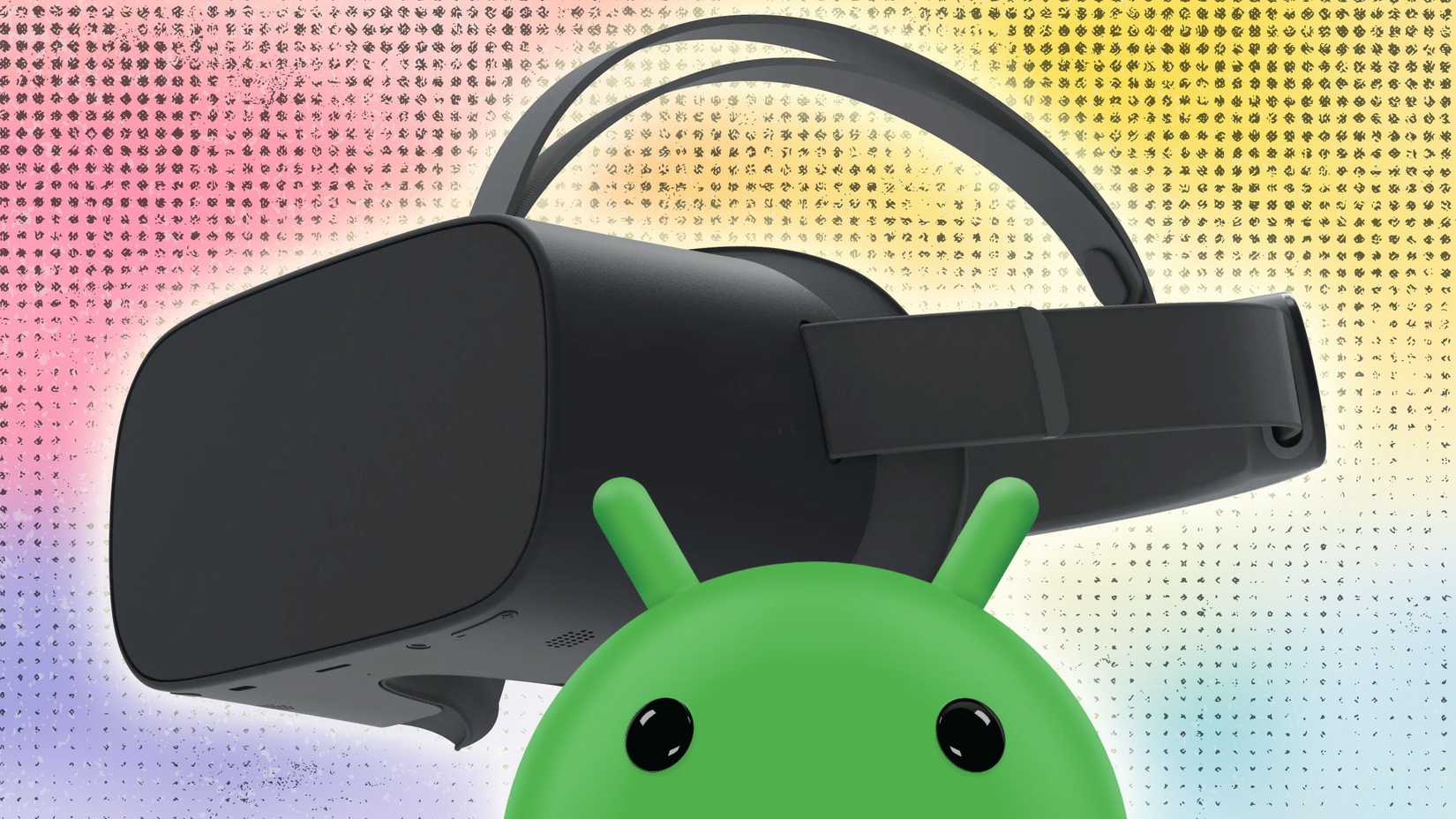 A VR headset floating in the air behind the Android icon