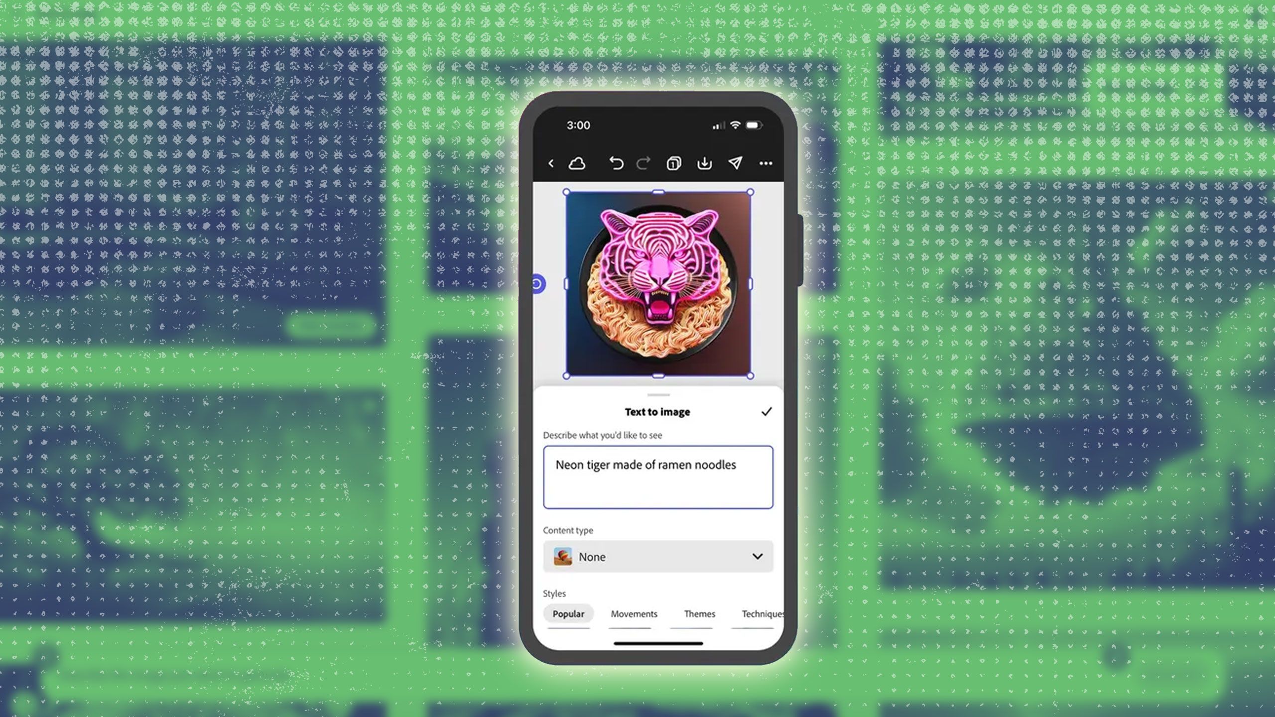 an ai generated image of a neon tiger made of ramen noodles displayed on a phone against a green collage background