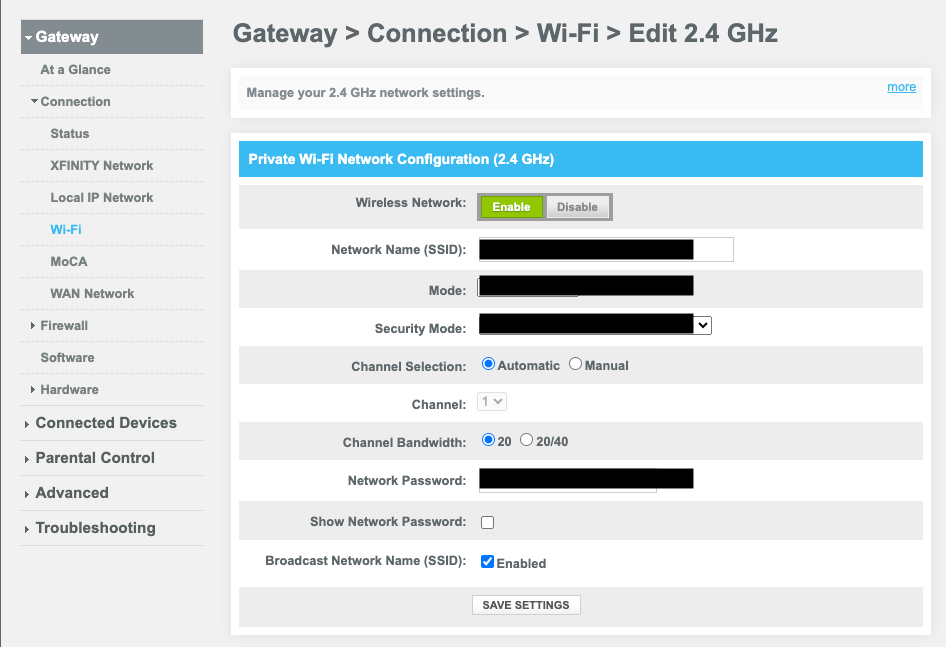 Ảnh chụp màn hình trang chỉnh sửa mạng của cổng web bộ định tuyến Xfinity. 