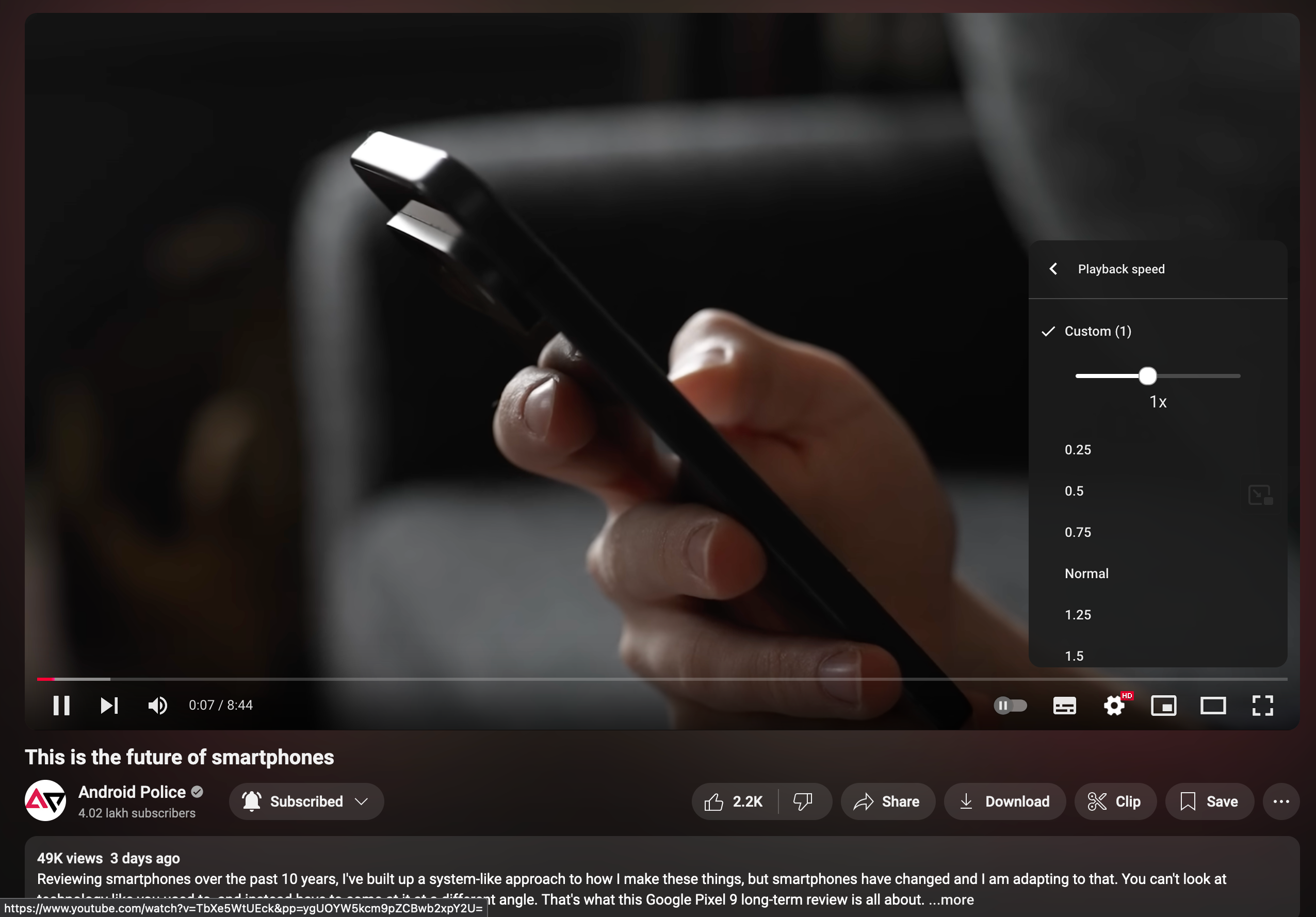 YouTube playback speed slider on the web