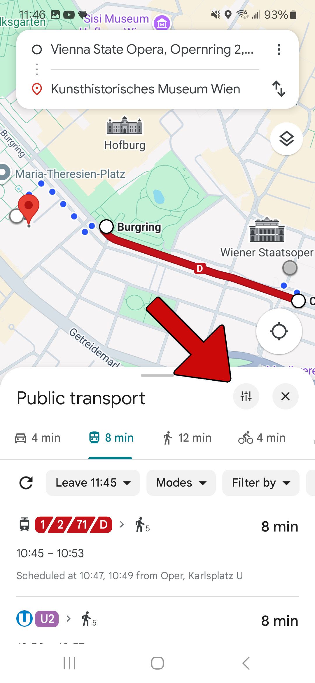 a screenshot of google maps showing public transport navigation and red arrow pointing at settings button