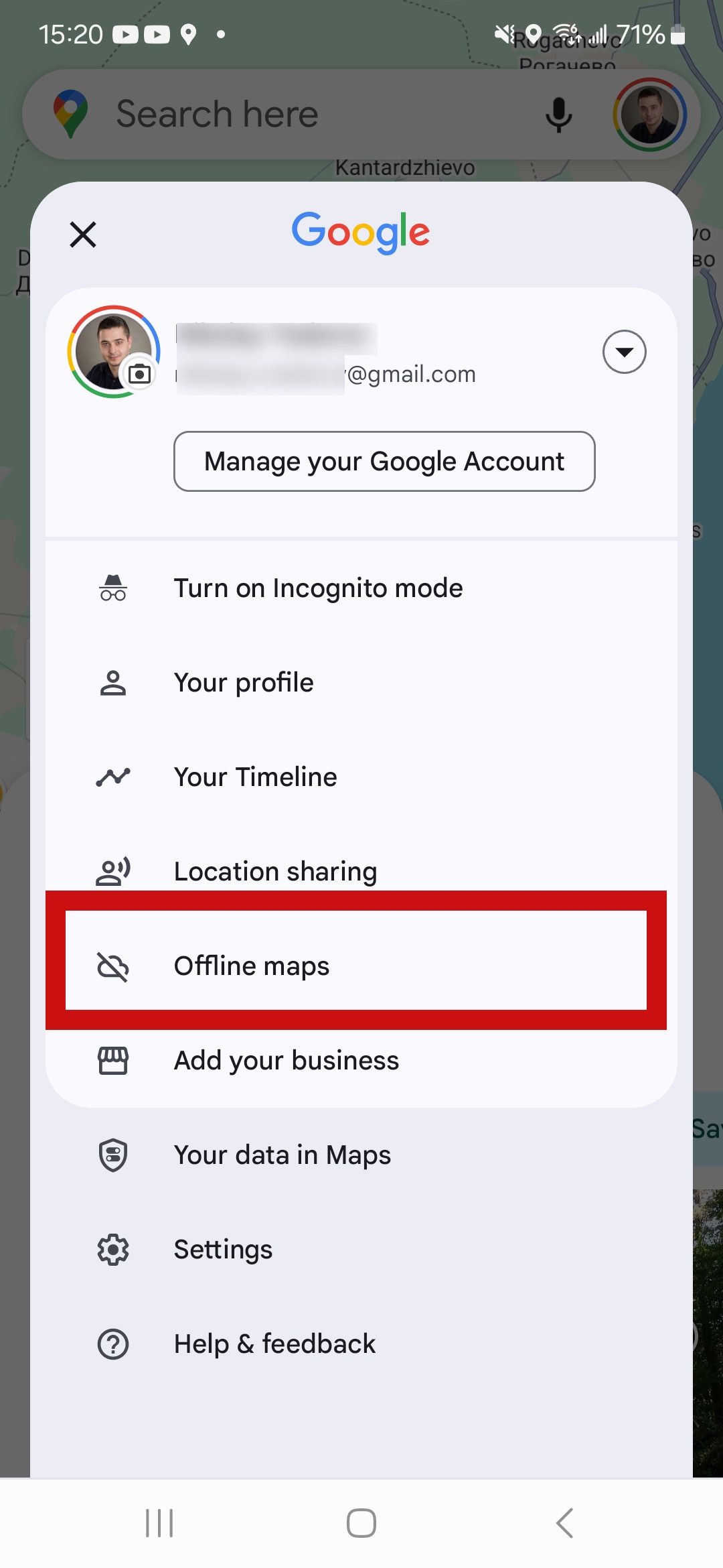 a screenshot of google maps settings menu with red rectangle around offline maps