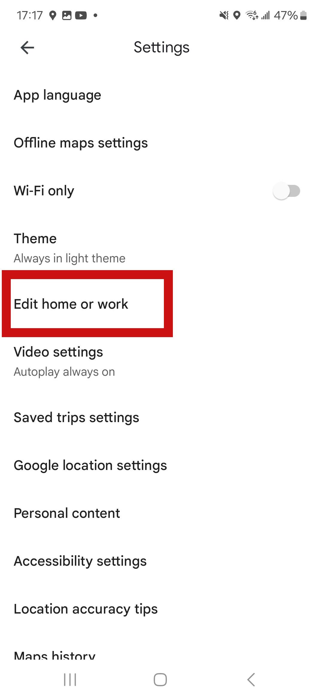 a screenshot of google maps with red rectangle around edit home or work option