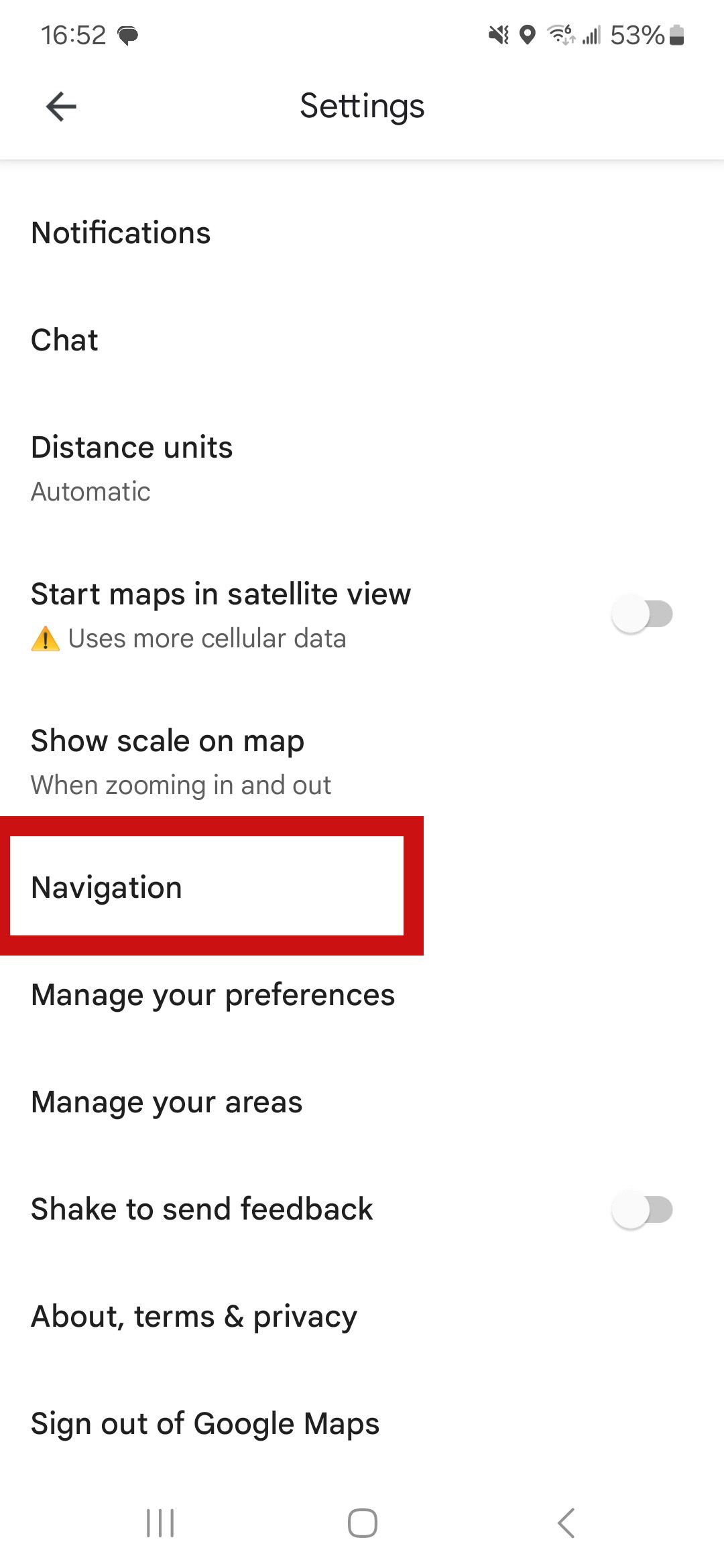 a screenshot of google maps settings screen with red rectangle around navigation