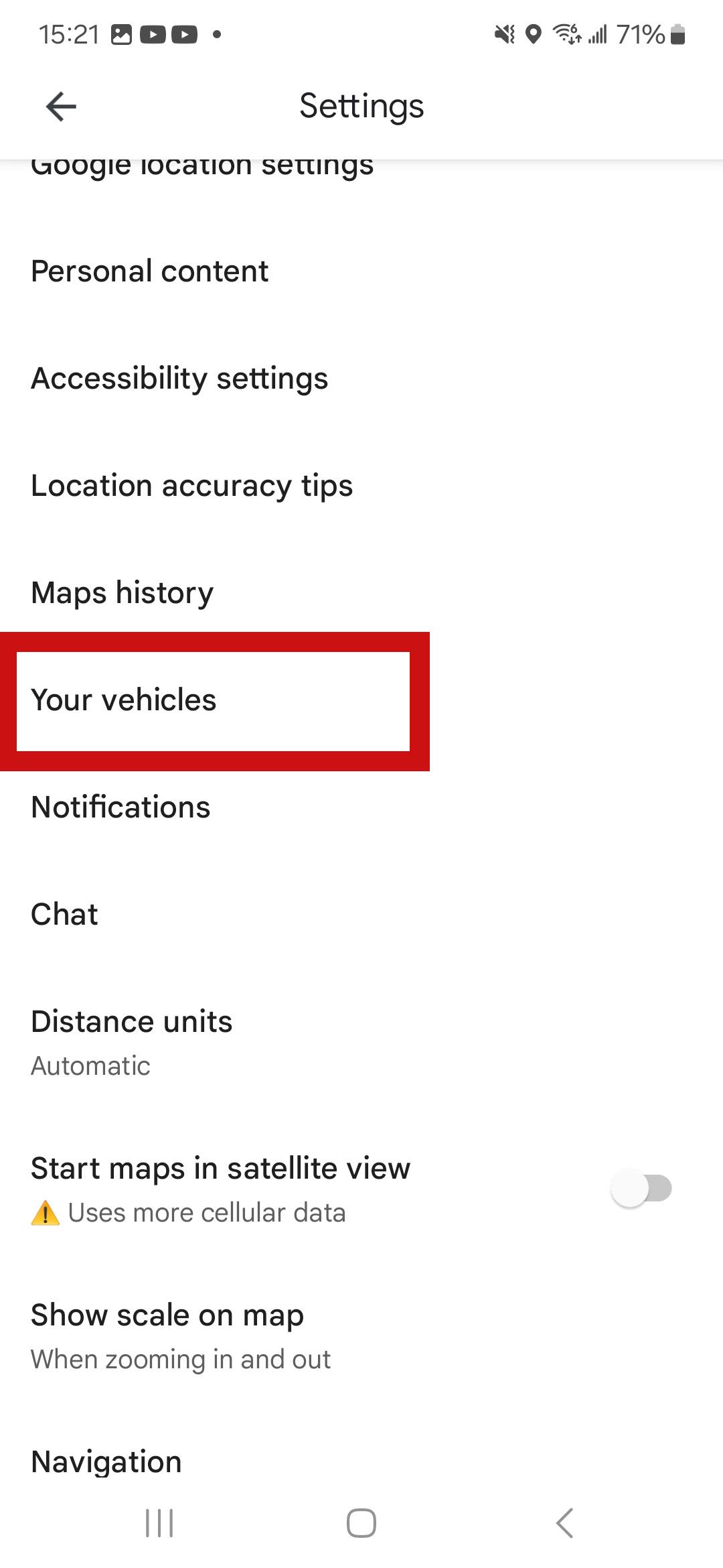 a screenshot of google maps settings with red rectangle around your vehicles option