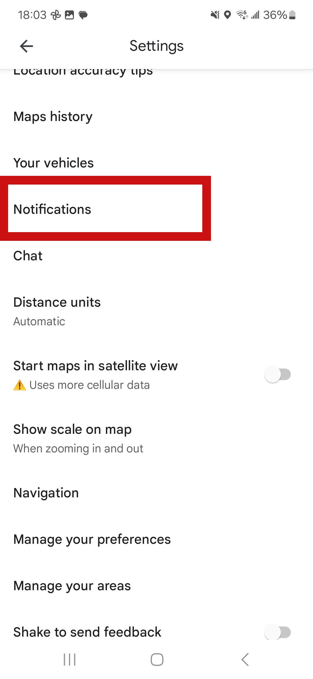 a screenshot of google maps settings screen with red rectangle around notifications option