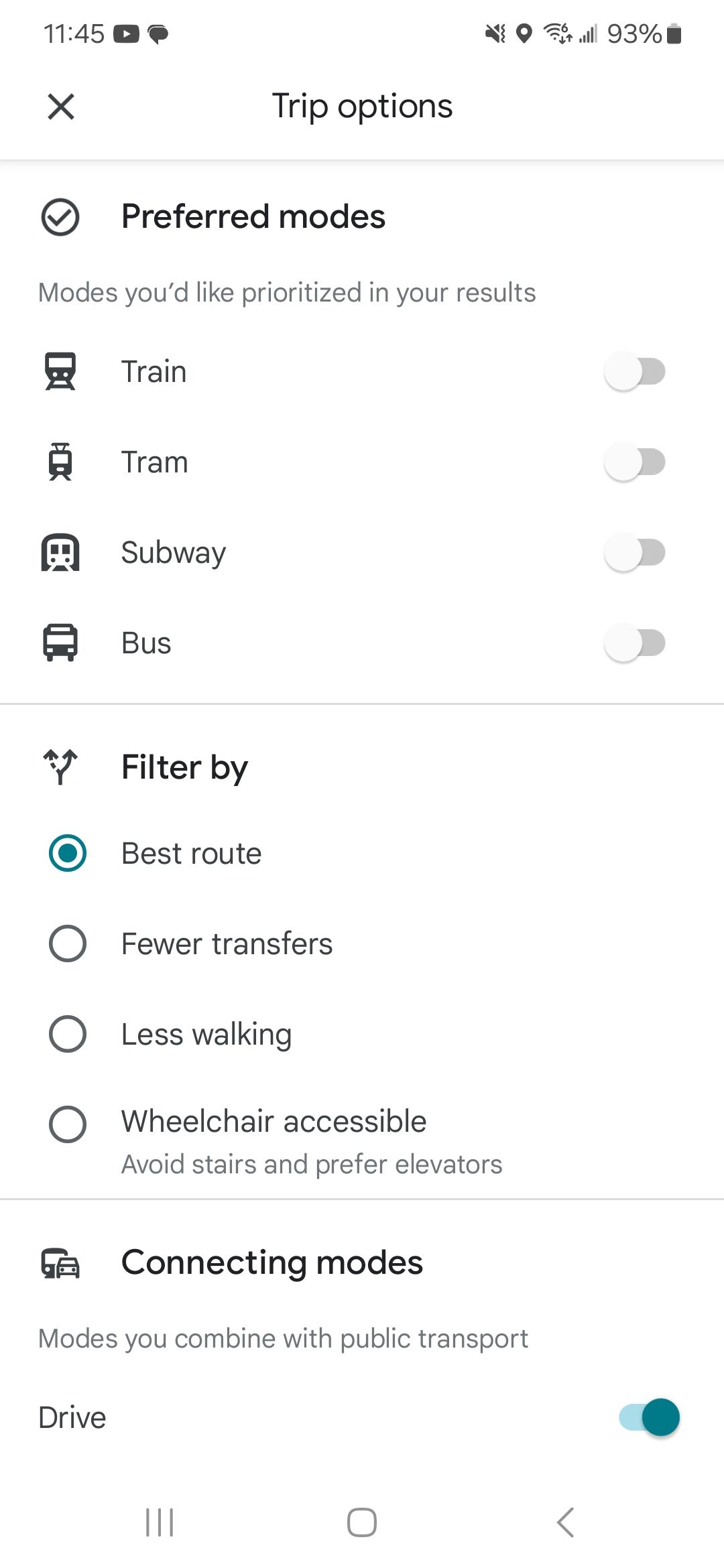 a screenshot of google maps trip options screen