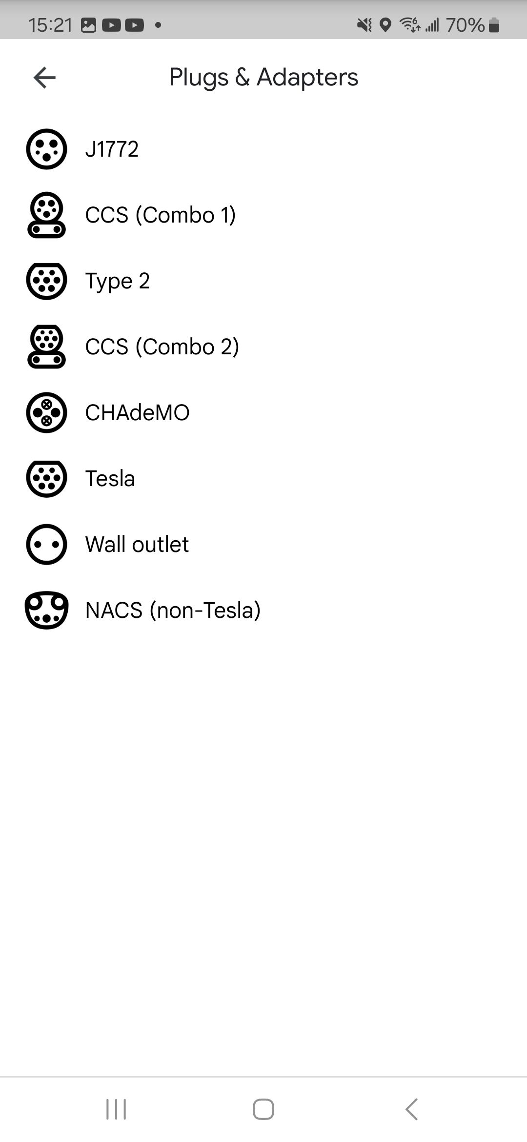 a screenshot of electric vehicle plug types in google maps settings 