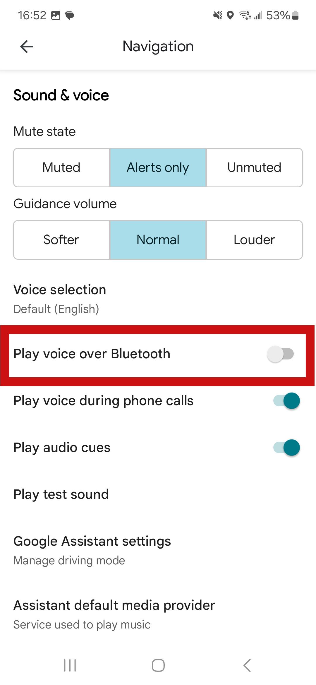 a screenshot of google maps settings with red rectangle around play voice over bluetooth option 