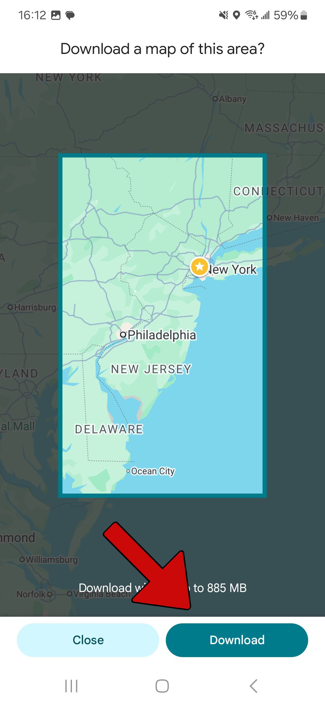 a screenshot of google maps custom map selection and red arrow pointing at download button