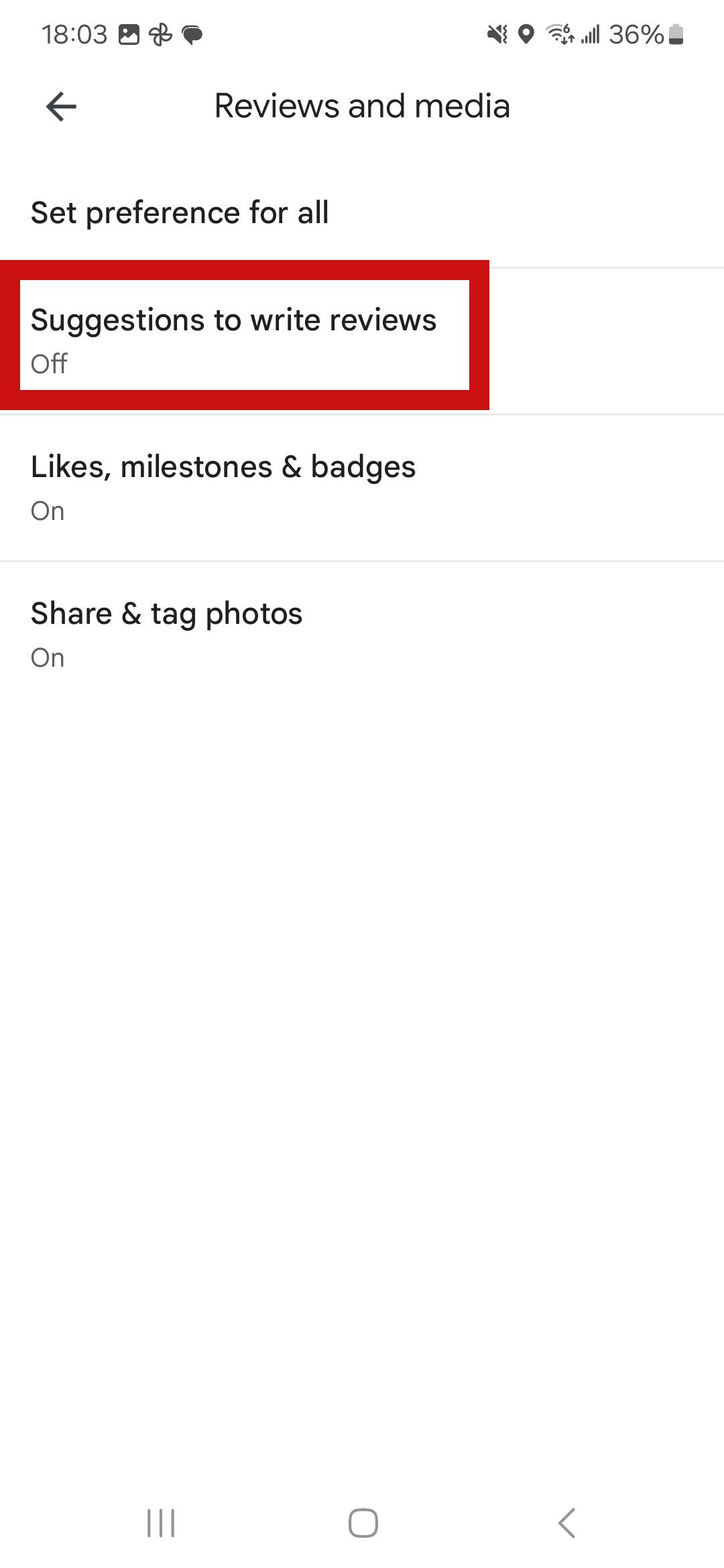 a screenshot of google maps settings screen with red rectangle around suggestions to write reviews option