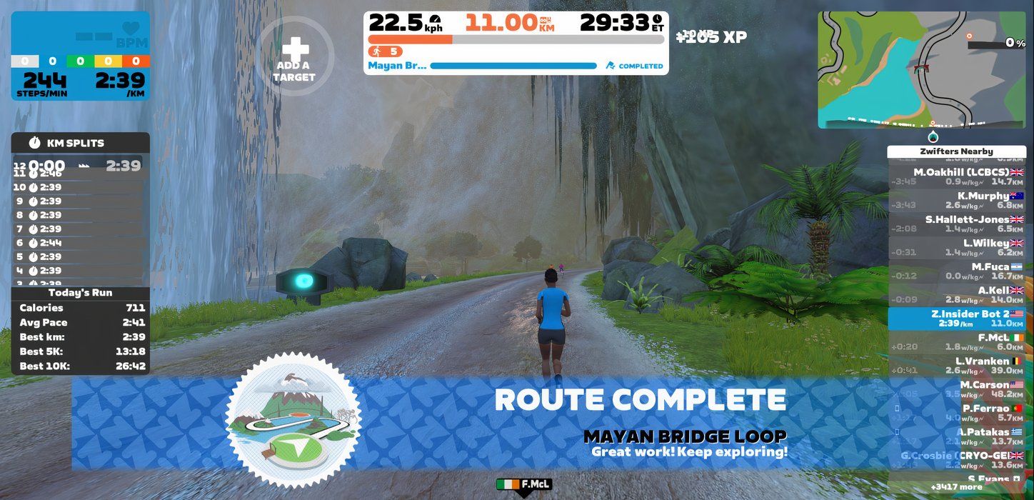 Screenshot of a virtual running race in Zwift with avatar visible, leaderboard and map on the right side, and lap splits and tracking information on the left side