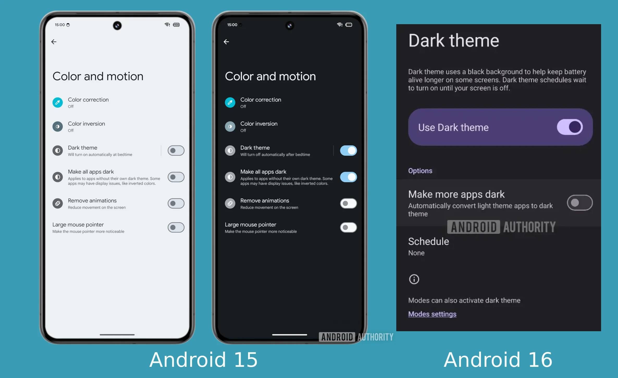 Screenshots of the 'make all apps dark' and 'make more apps dark' features in Android 15 and Android 16, respectively.