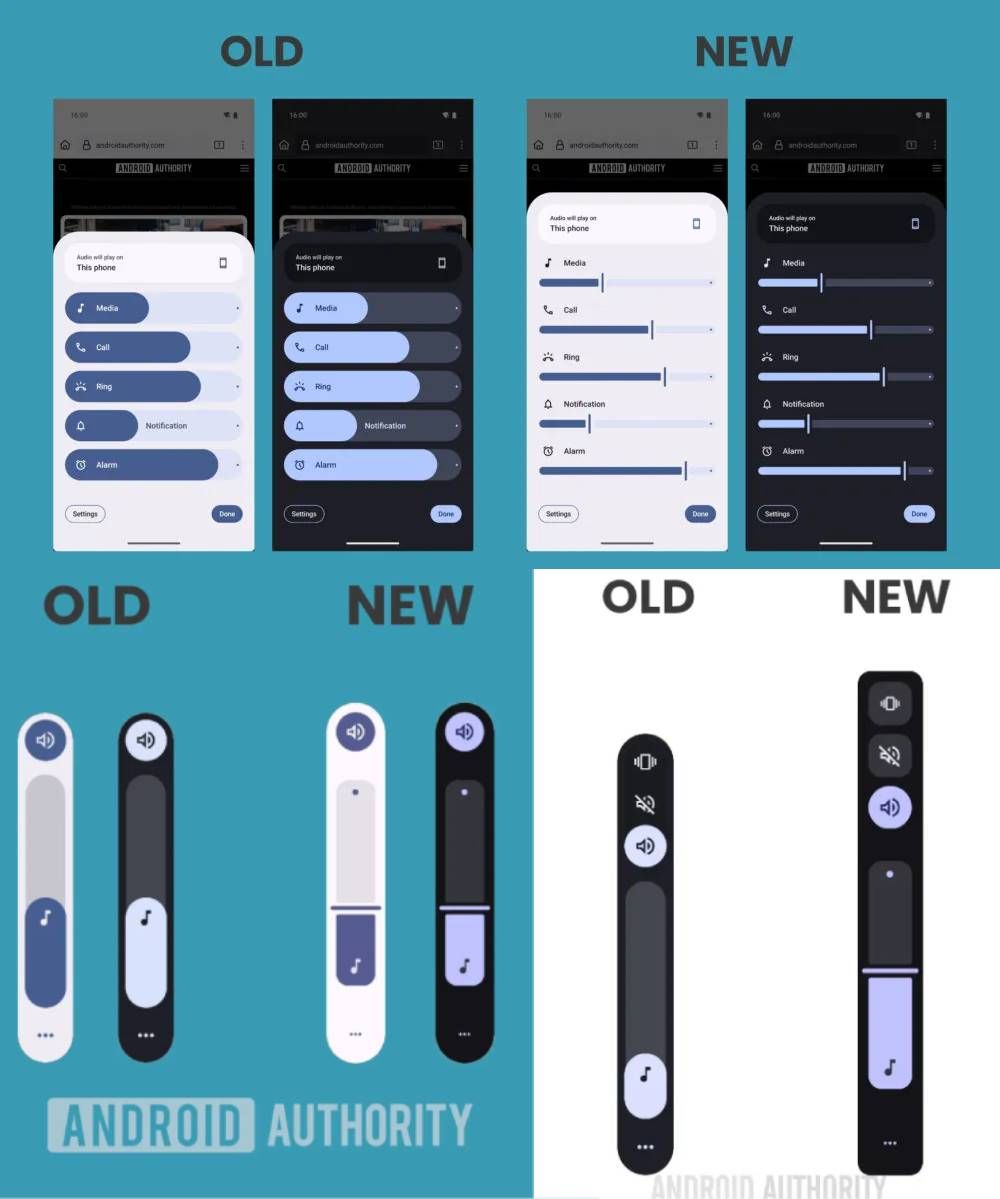 Screenshots of the volume slider on Android 15 (old) and Android 16 (new).