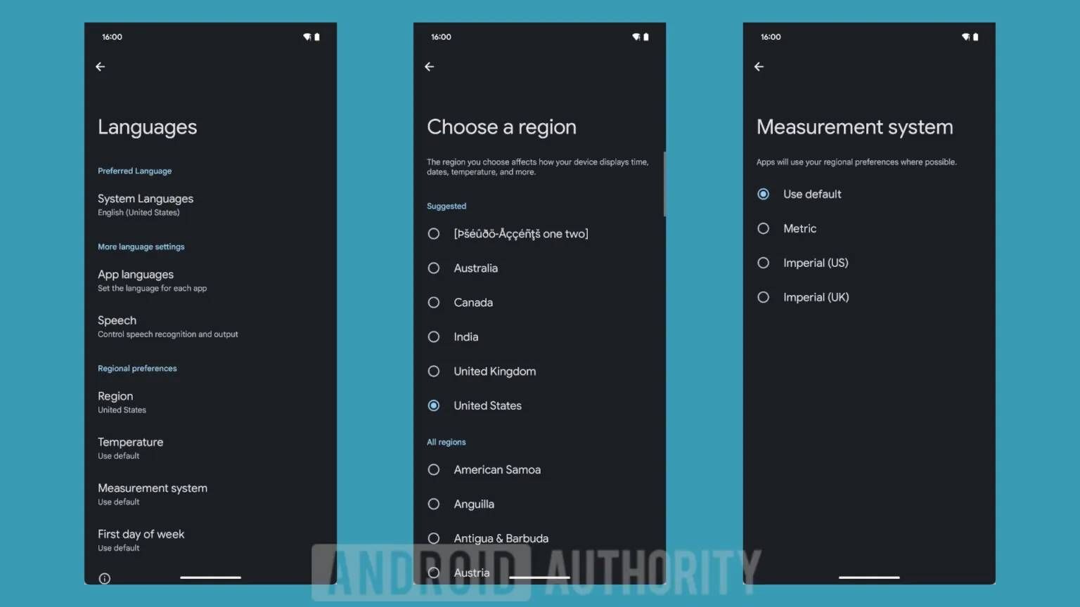 sreenshots highlighting Android's upcoming regional preference settings.